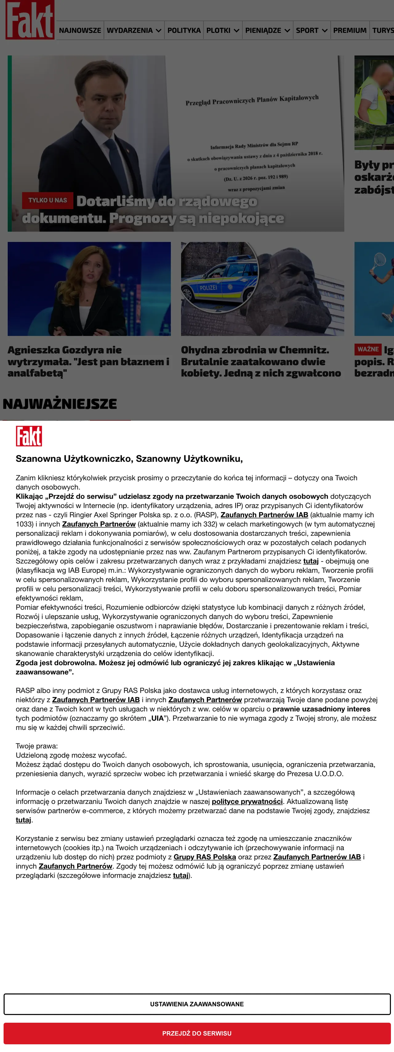Screenshot of the Fakt front page