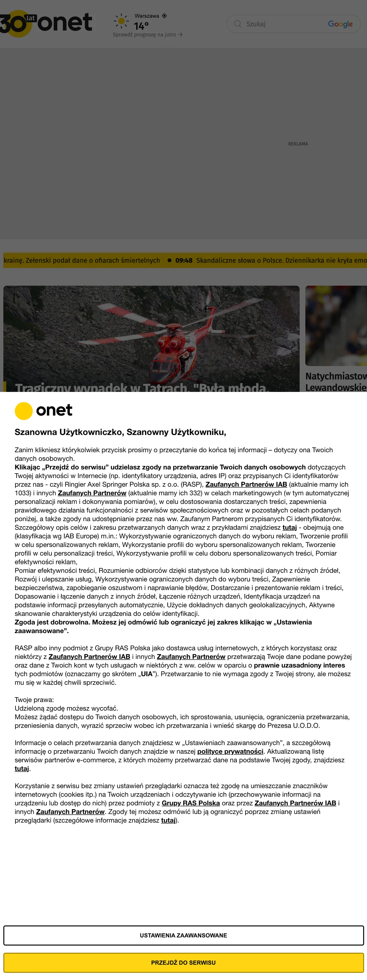 Screenshot of the Onet front page