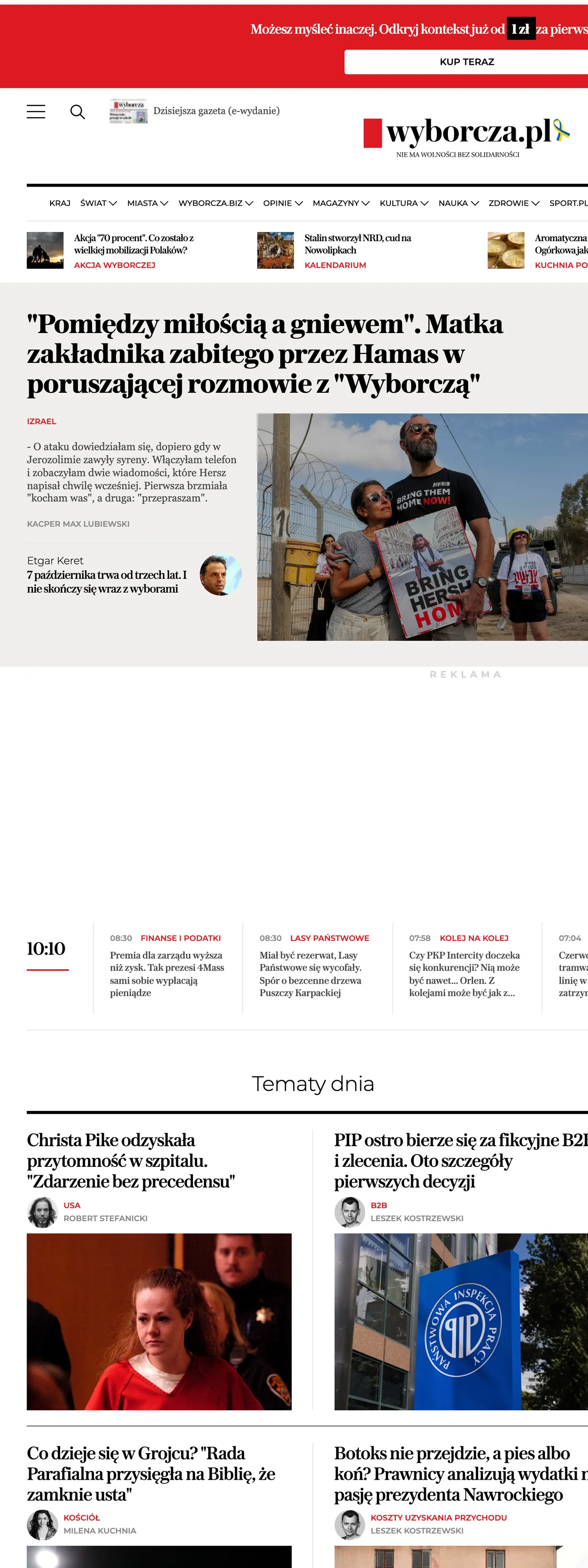 Screenshot of the Wyborcza front page