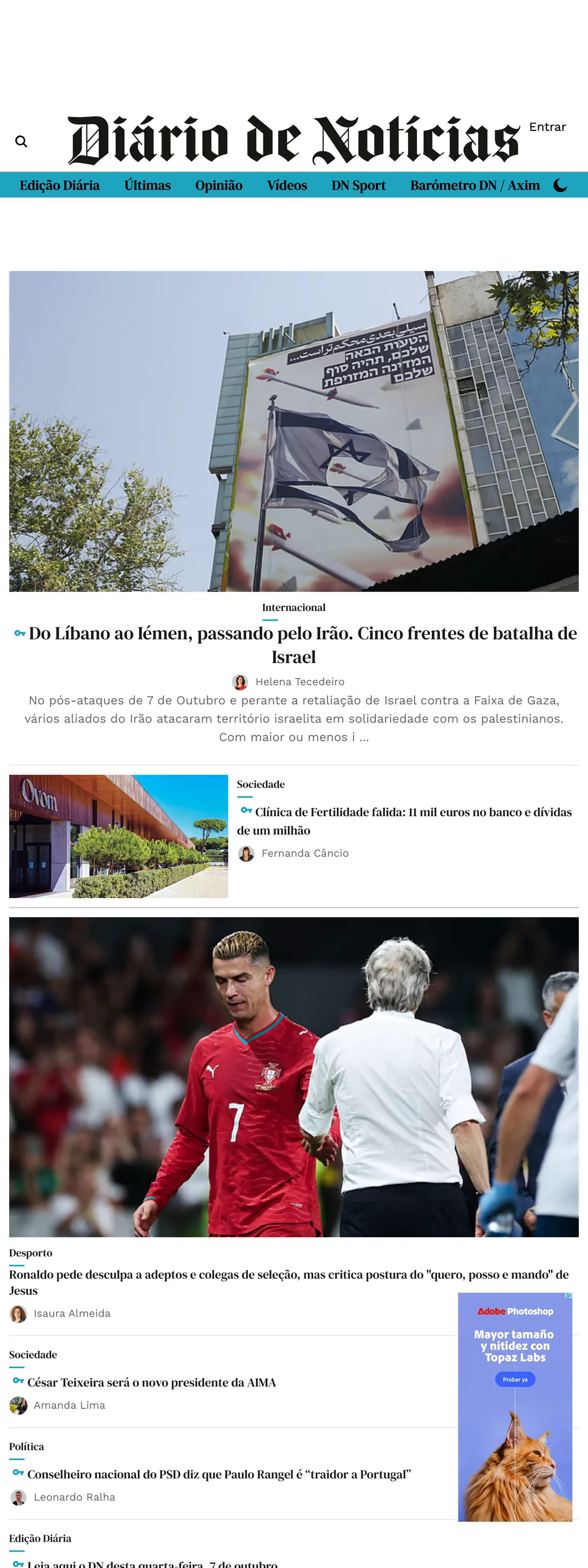 Screenshot of the Diário de Notícias front page