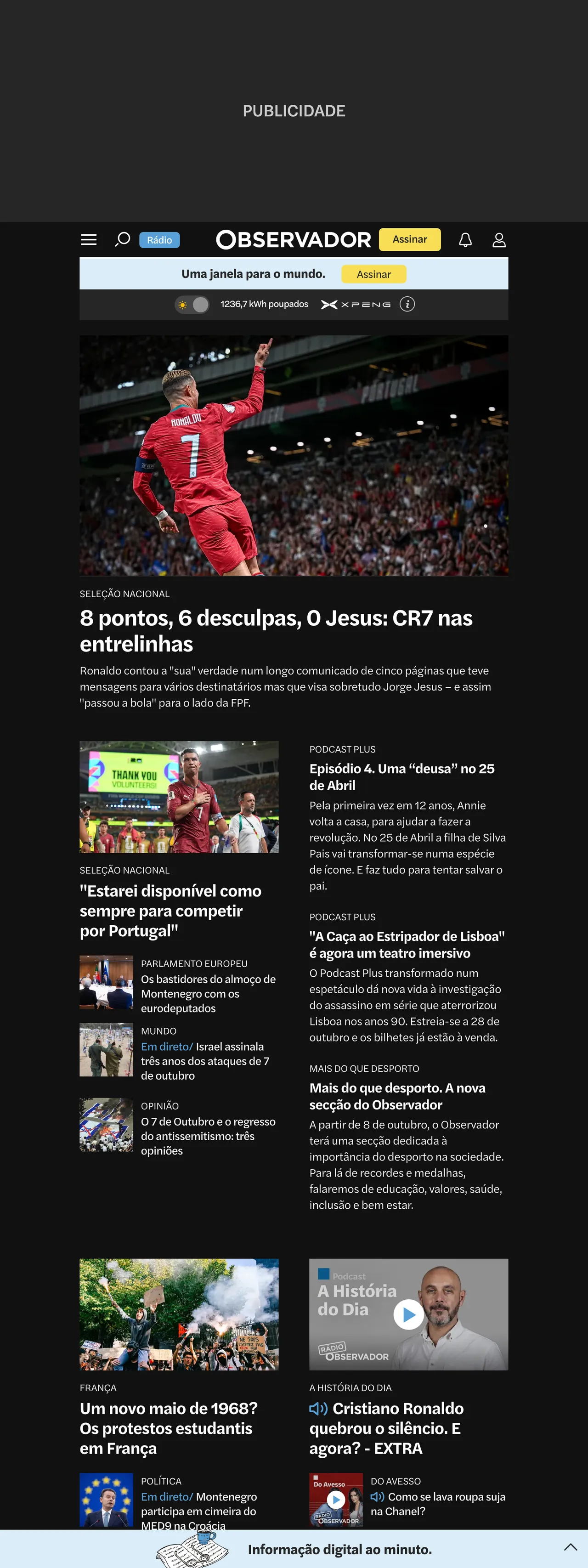 Screenshot of the Observador front page