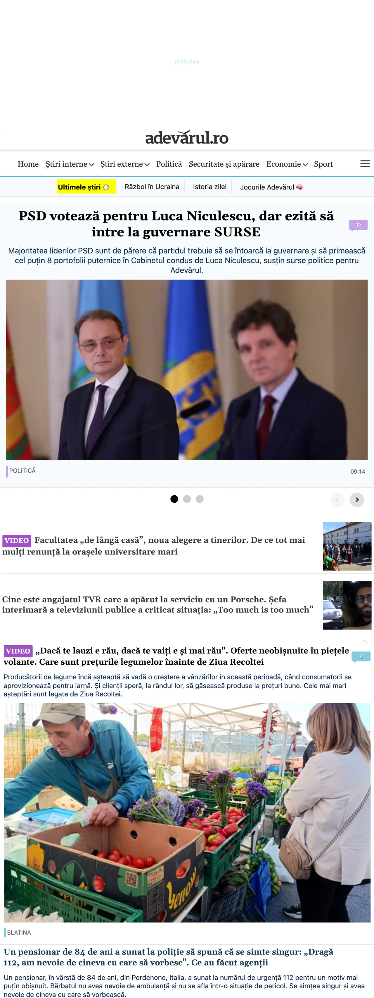 Screenshot of the Adevărul front page