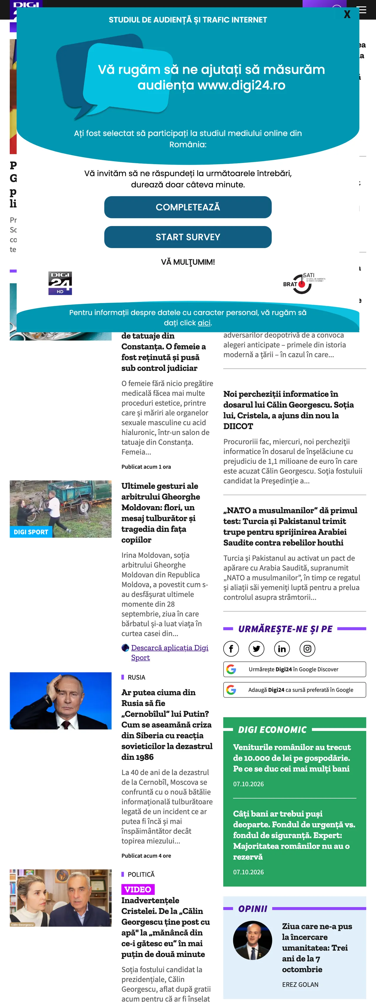 Screenshot of the Digi24 front page