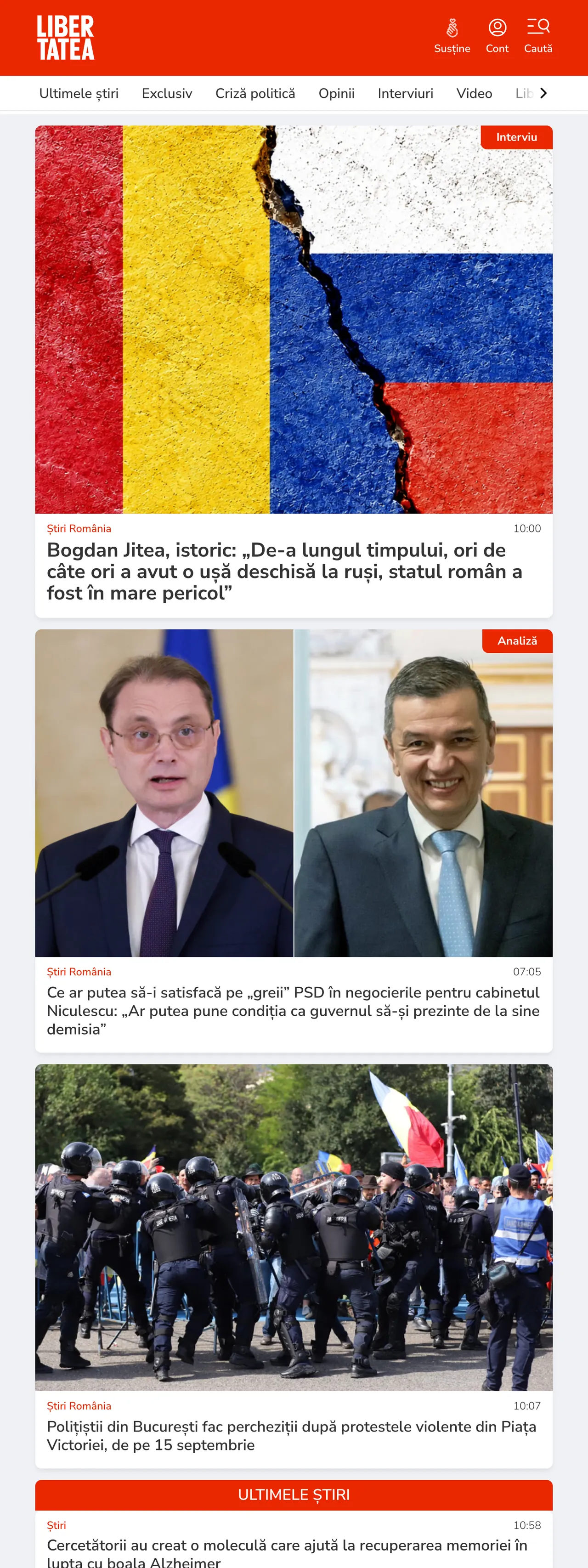 Screenshot of the Libertatea front page