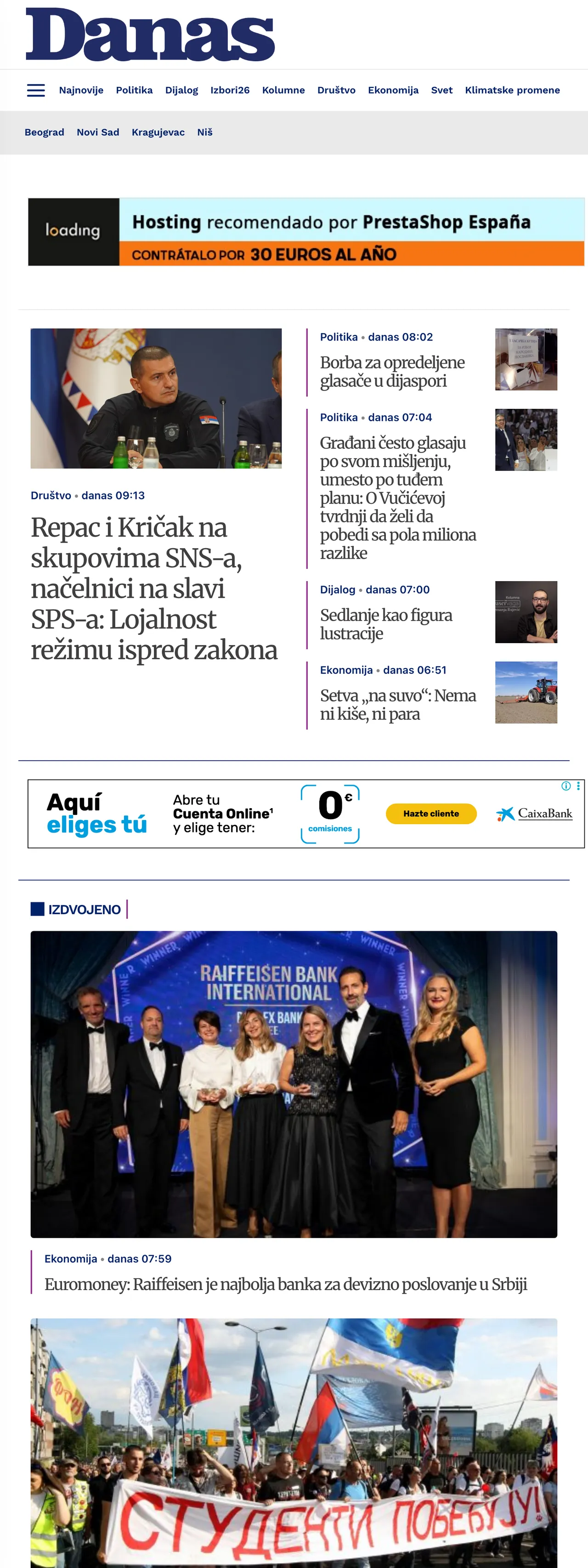 Screenshot of the Danas front page