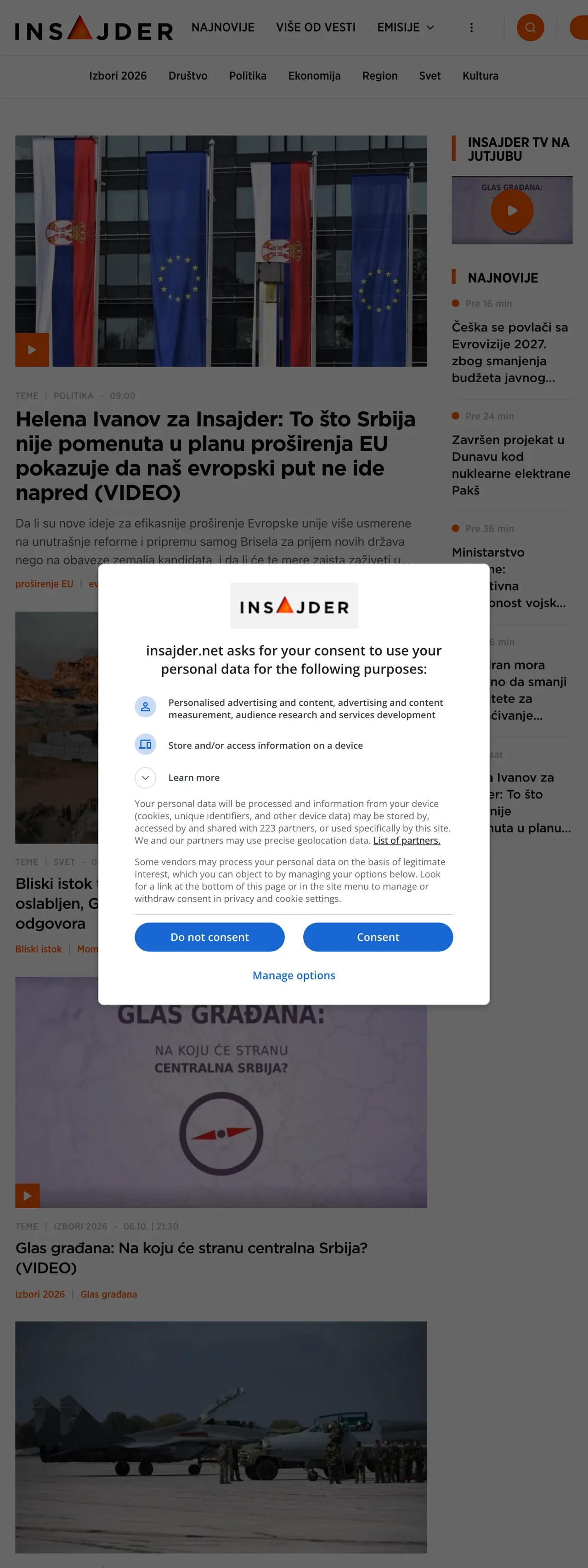 Screenshot of the Insajder front page