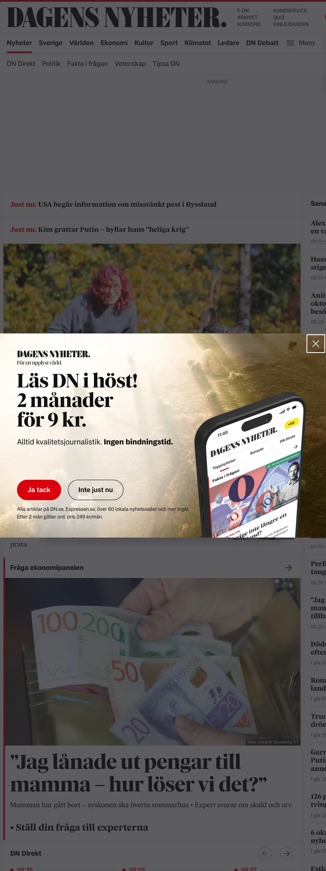 Screenshot of the Dagens Nyheter front page