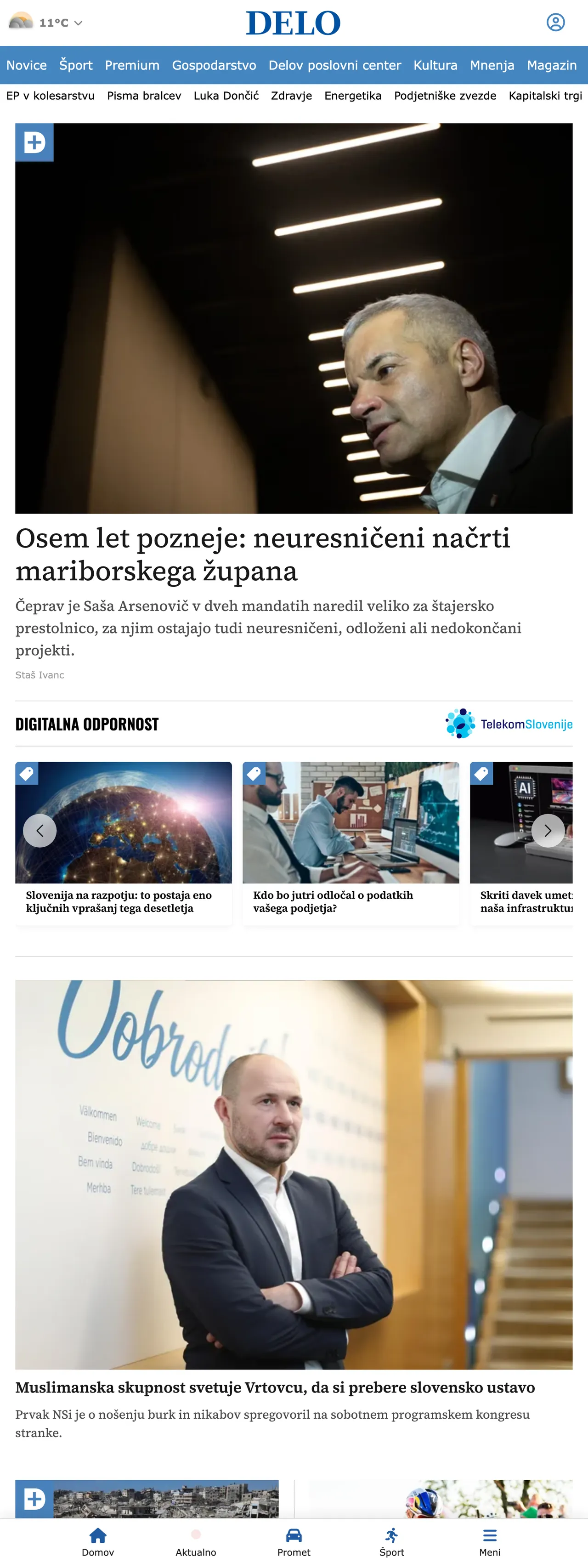 Screenshot of the Delo front page