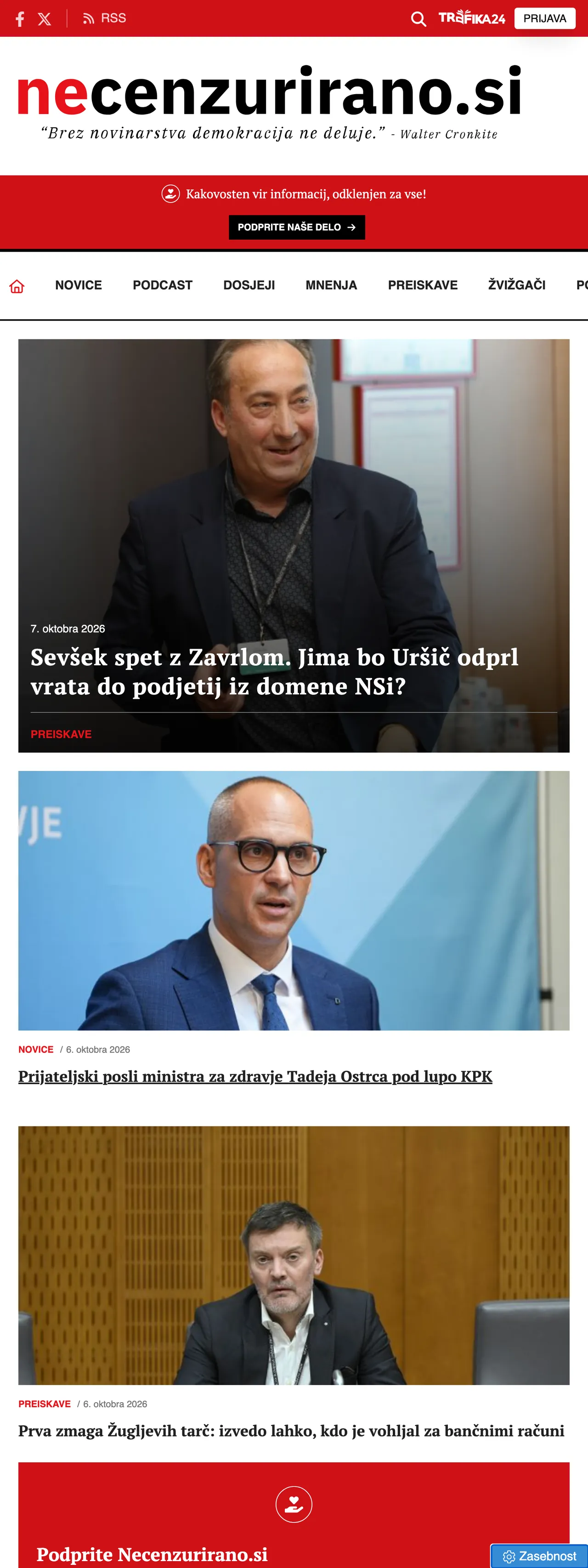Screenshot of the Necenzurirano front page