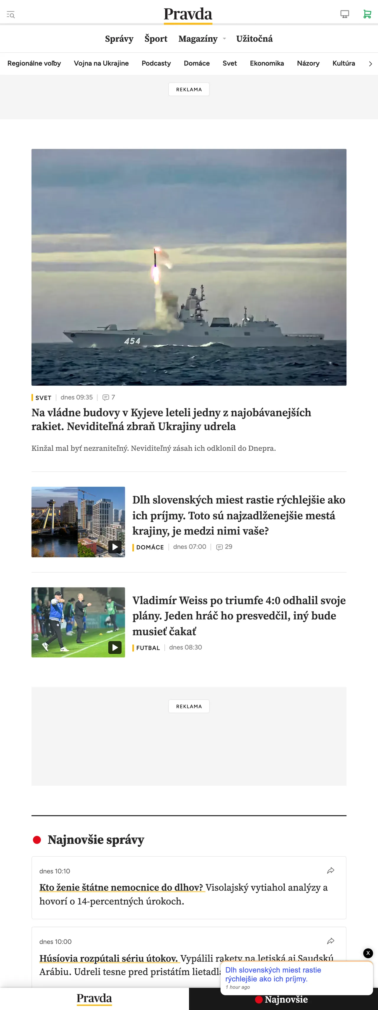 Screenshot of the Pravda front page