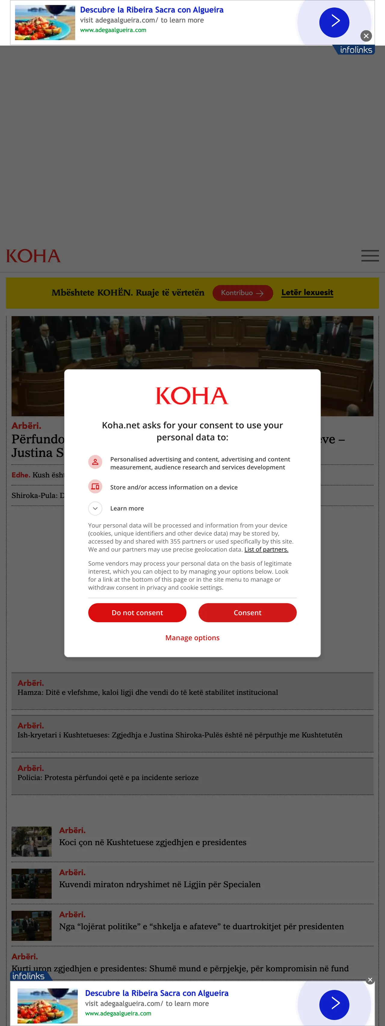 Screenshot of the Koha Ditore front page