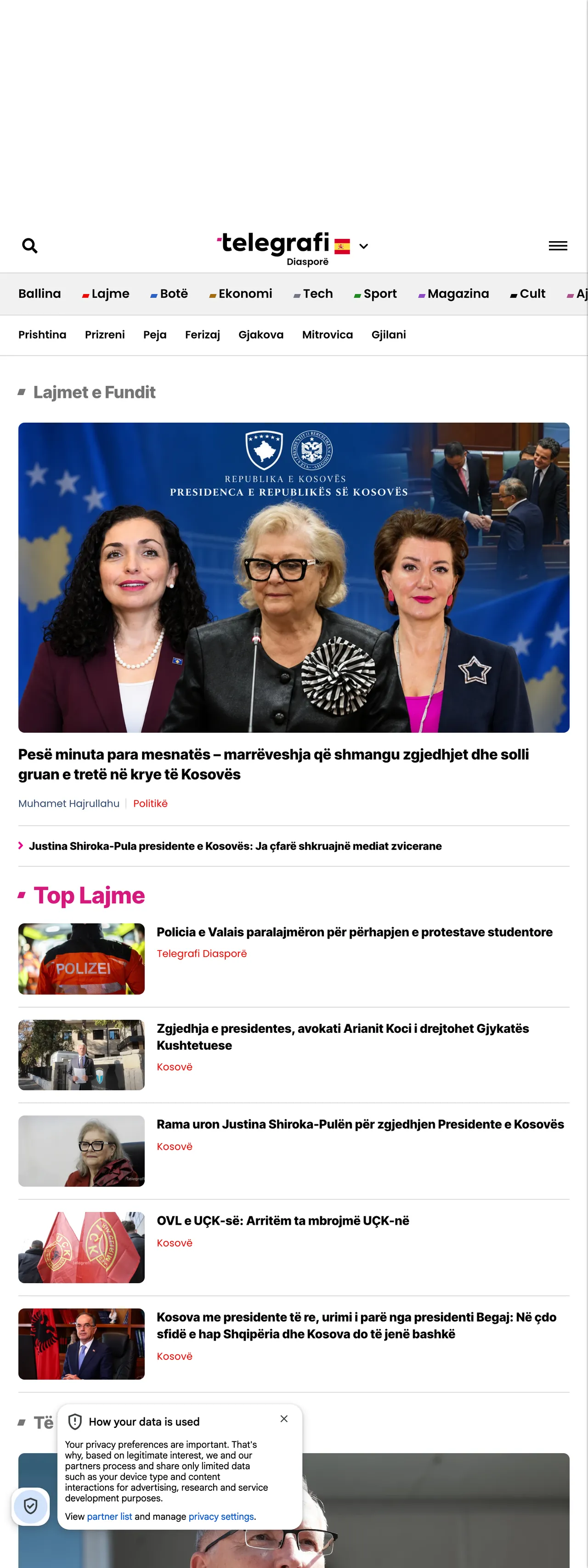 Screenshot of the Telegrafi front page