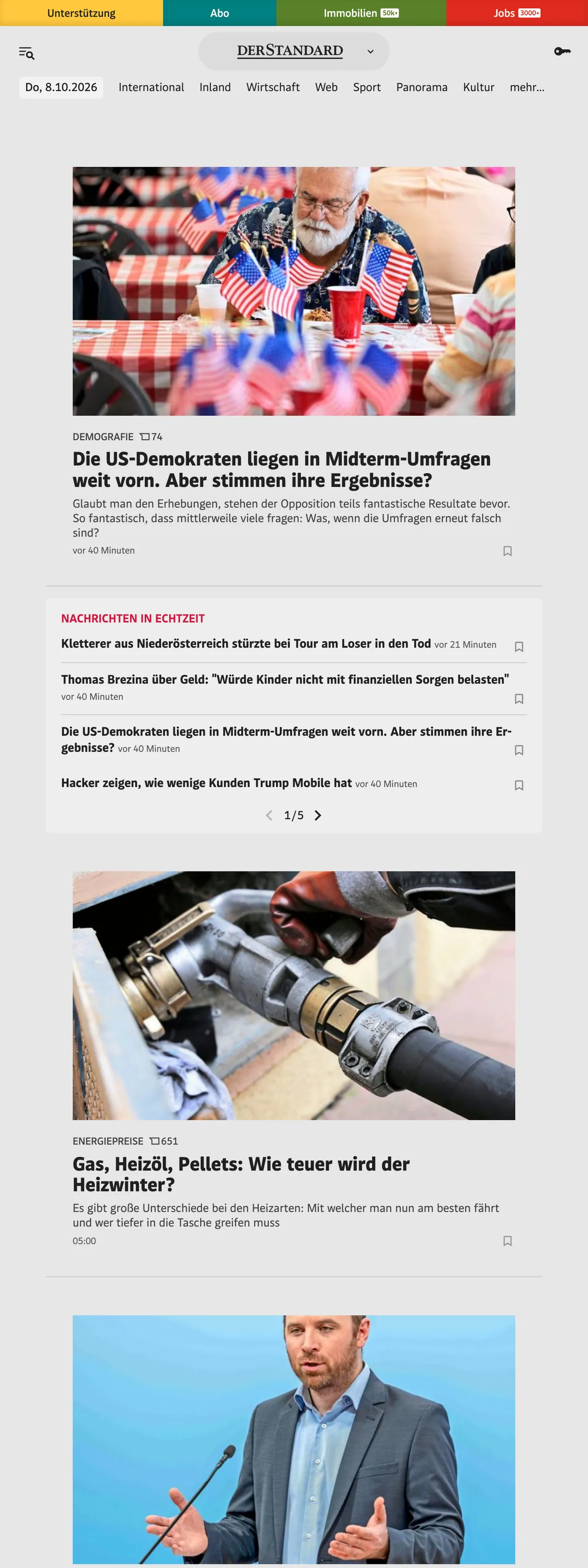 Screenshot of the DER STANDARD front page