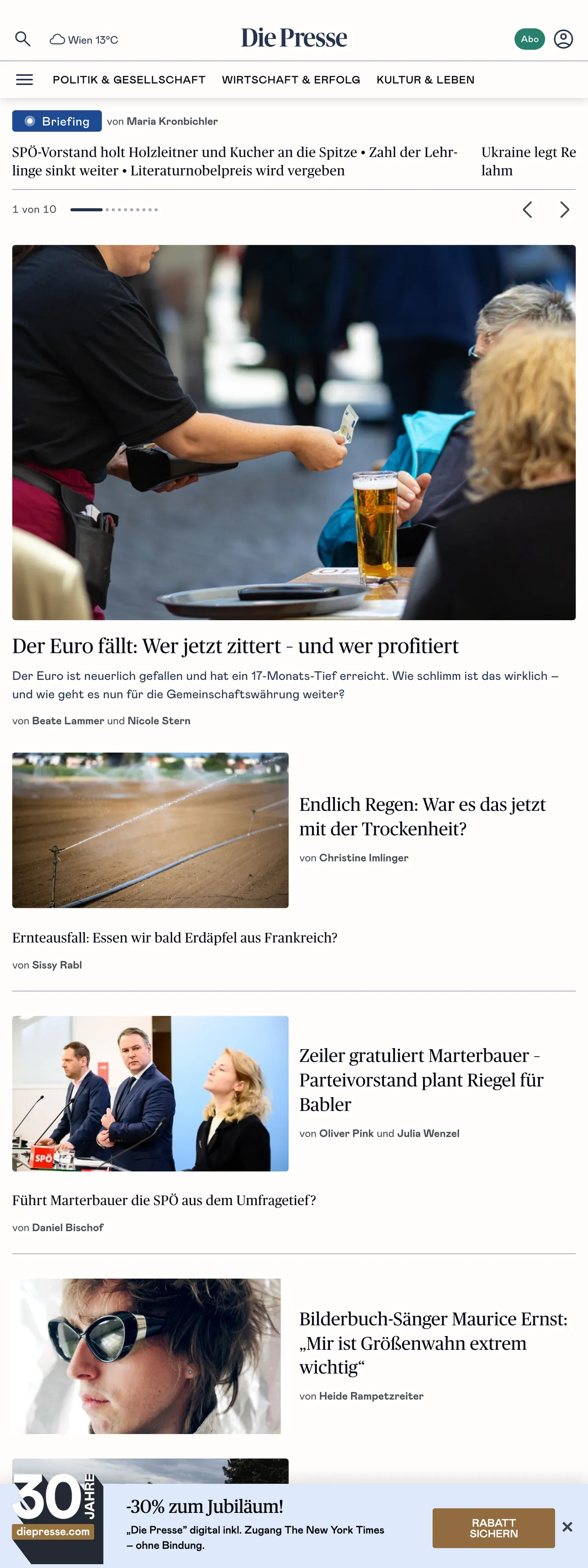 Screenshot of the Die Presse front page