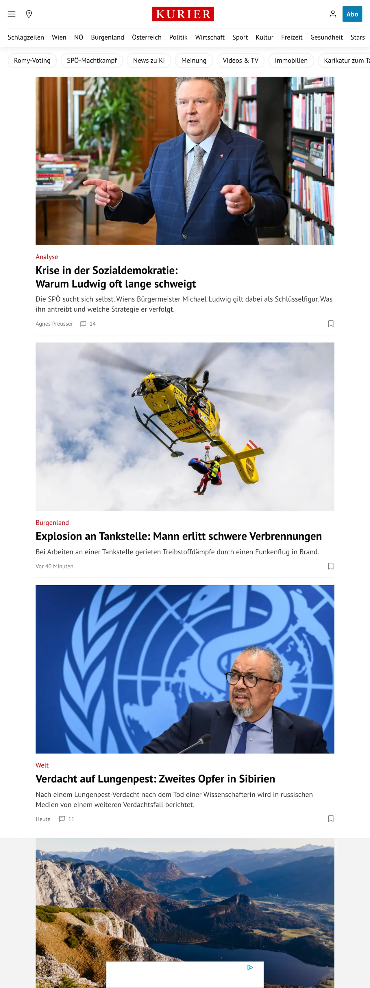Screenshot of the Kurier front page