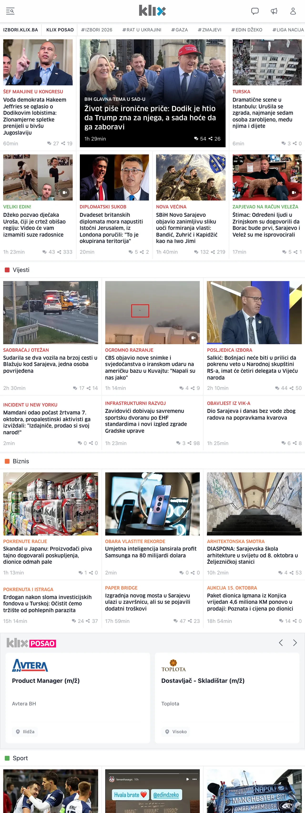 Screenshot of the Klix.ba front page