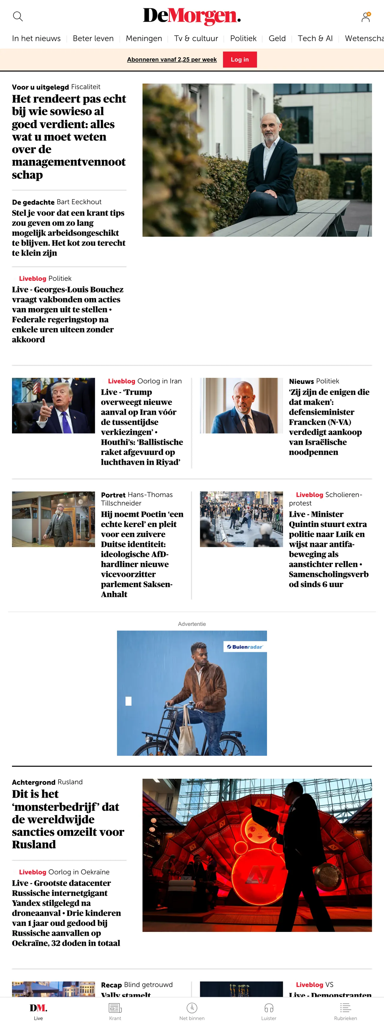 Screenshot of the De Morgen front page