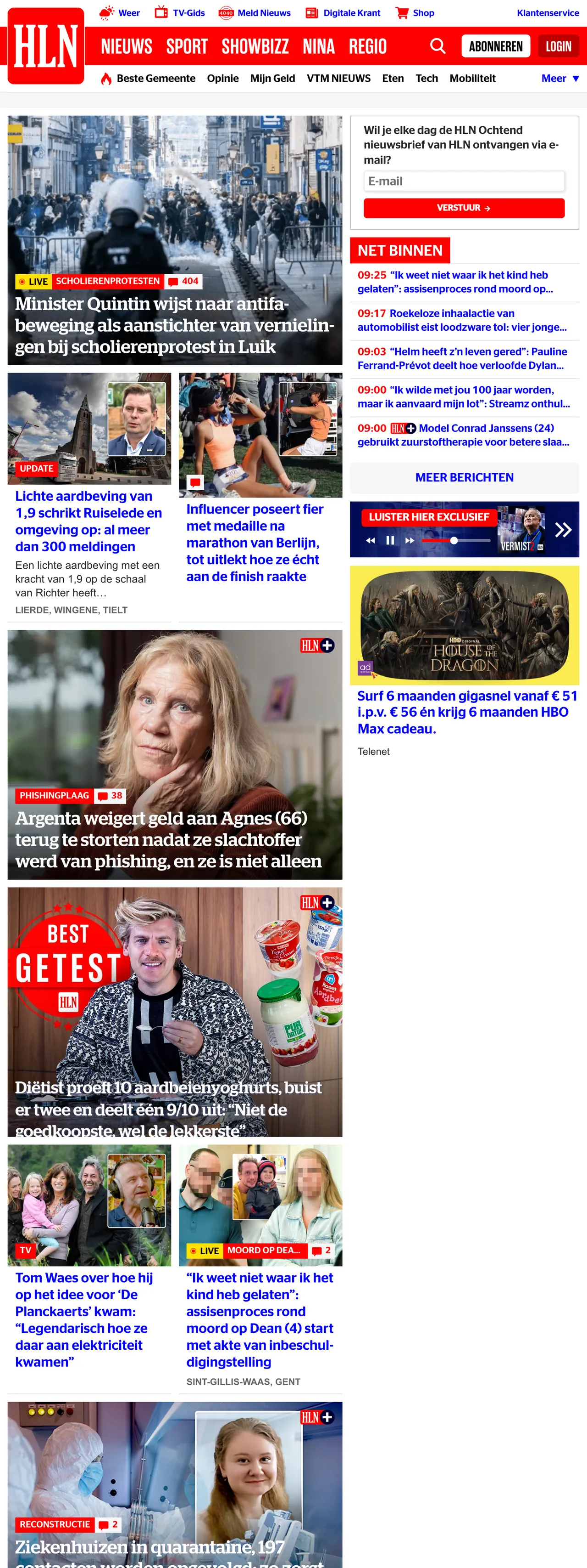 Screenshot of the HLN front page
