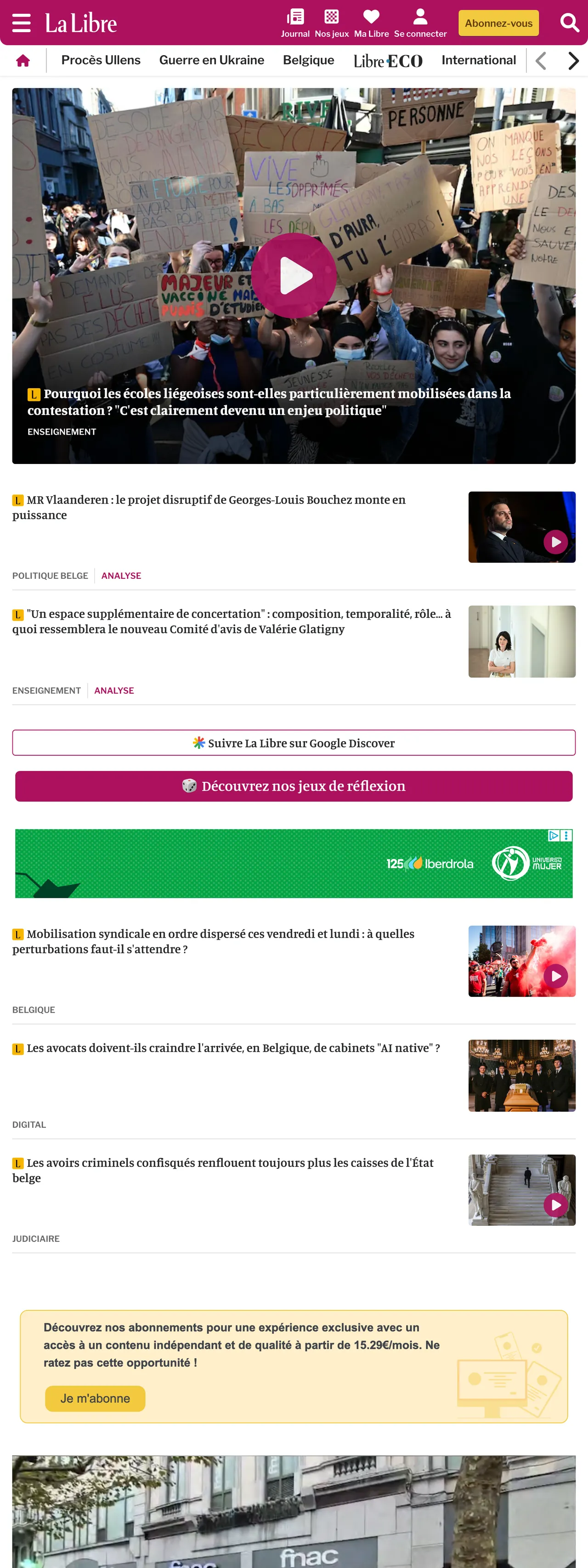 Screenshot of the La Libre front page