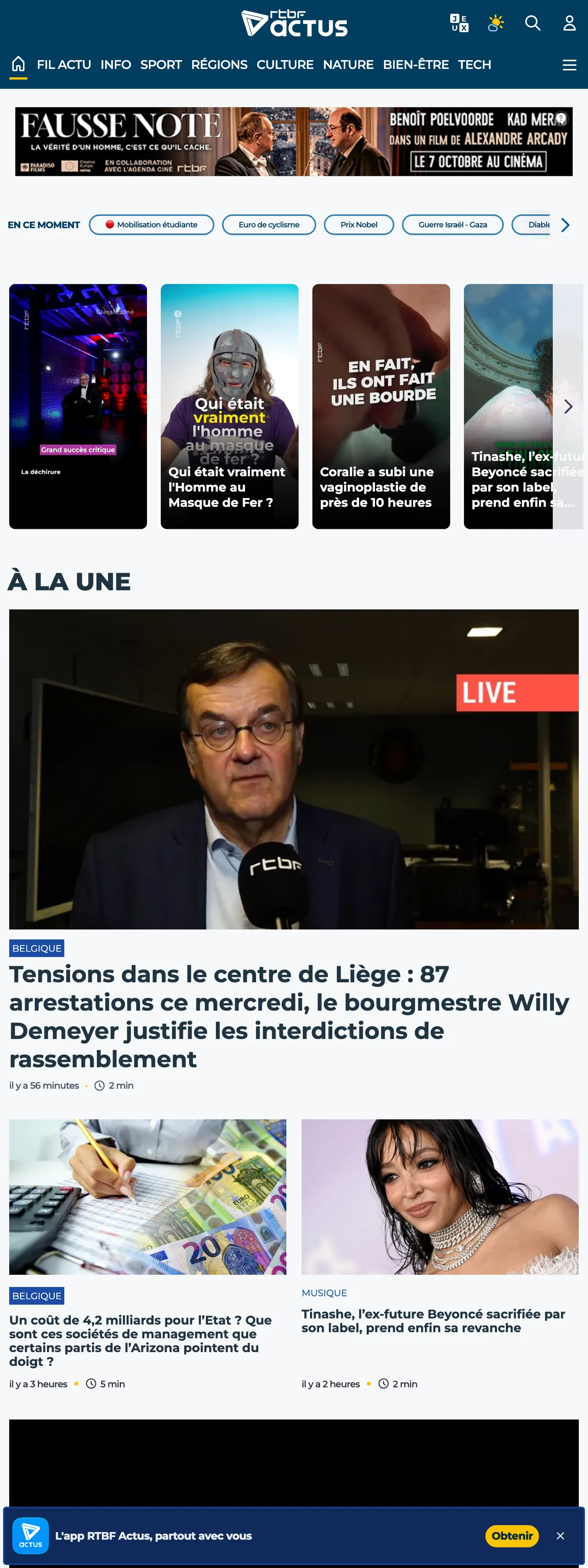 Screenshot of the RTBF front page