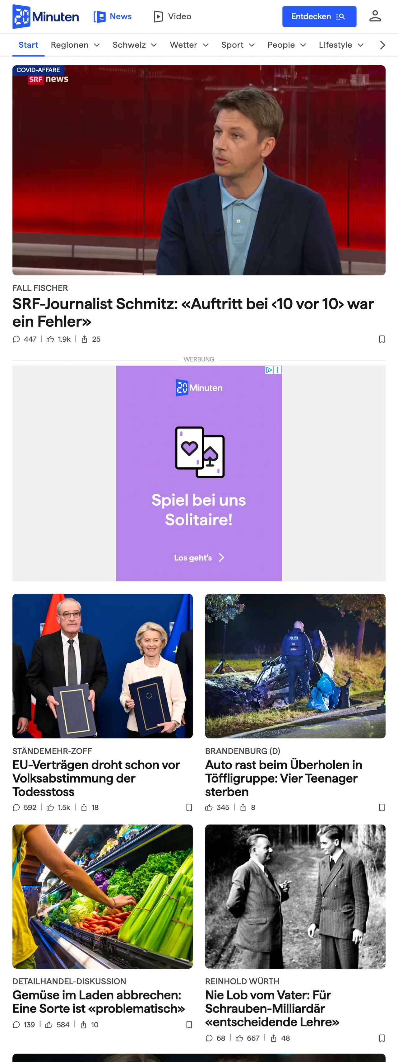 Screenshot of the 20 Minuten front page
