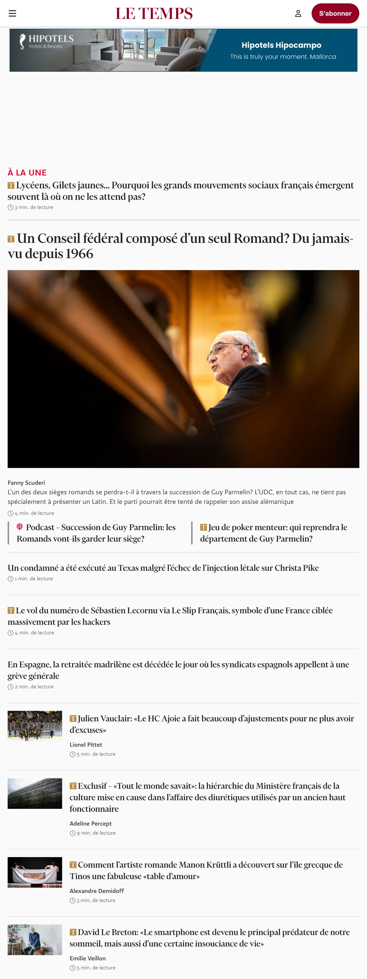 Screenshot of the Le Temps front page