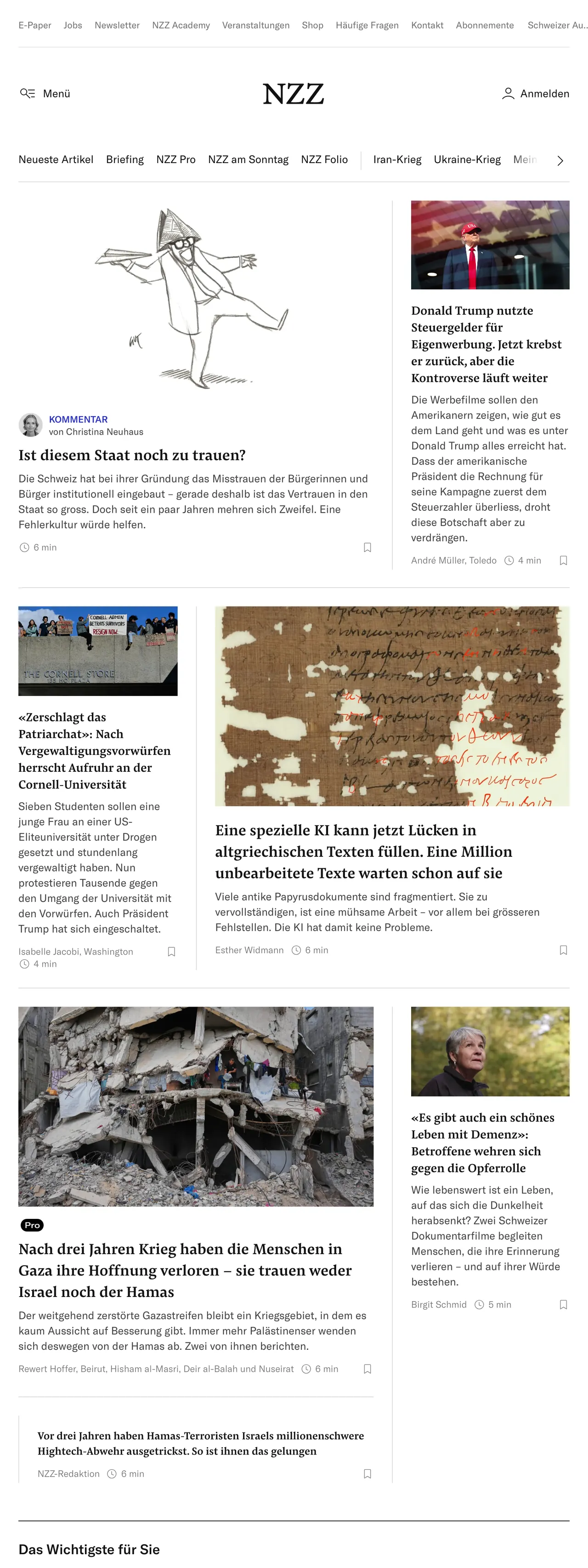 Screenshot of the Neue Zürcher Zeitung front page