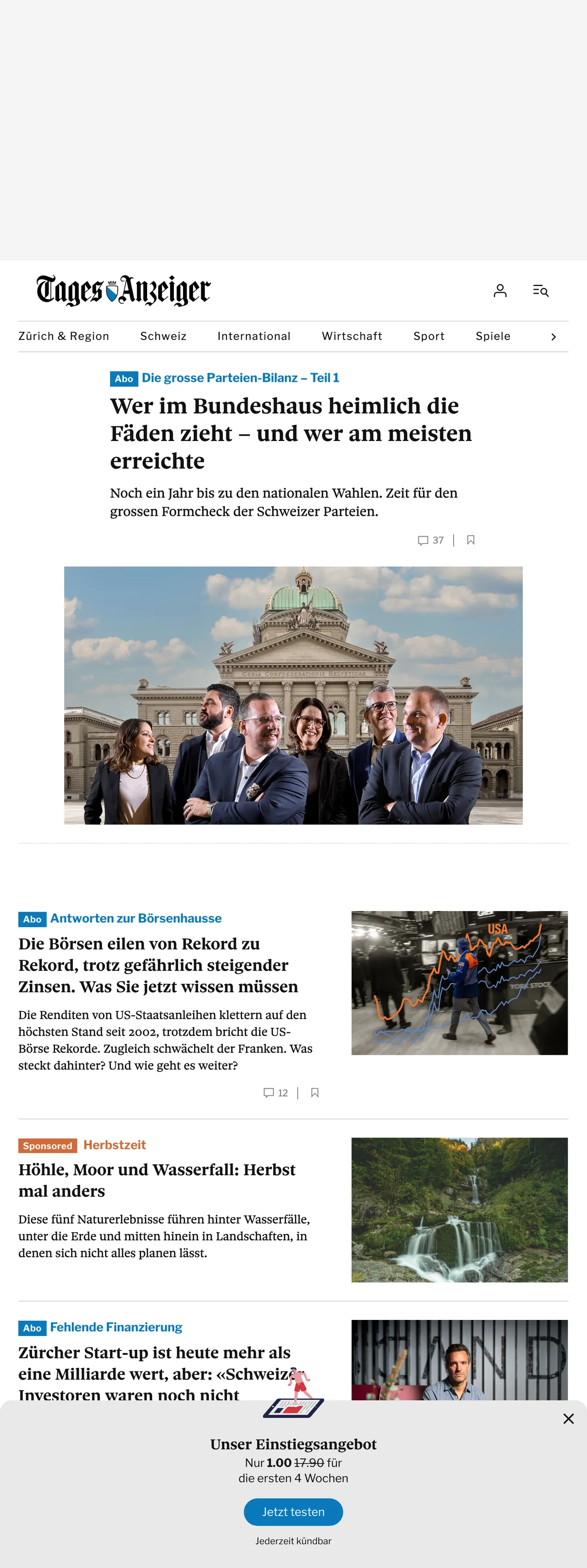 Screenshot of the Tages-Anzeiger front page