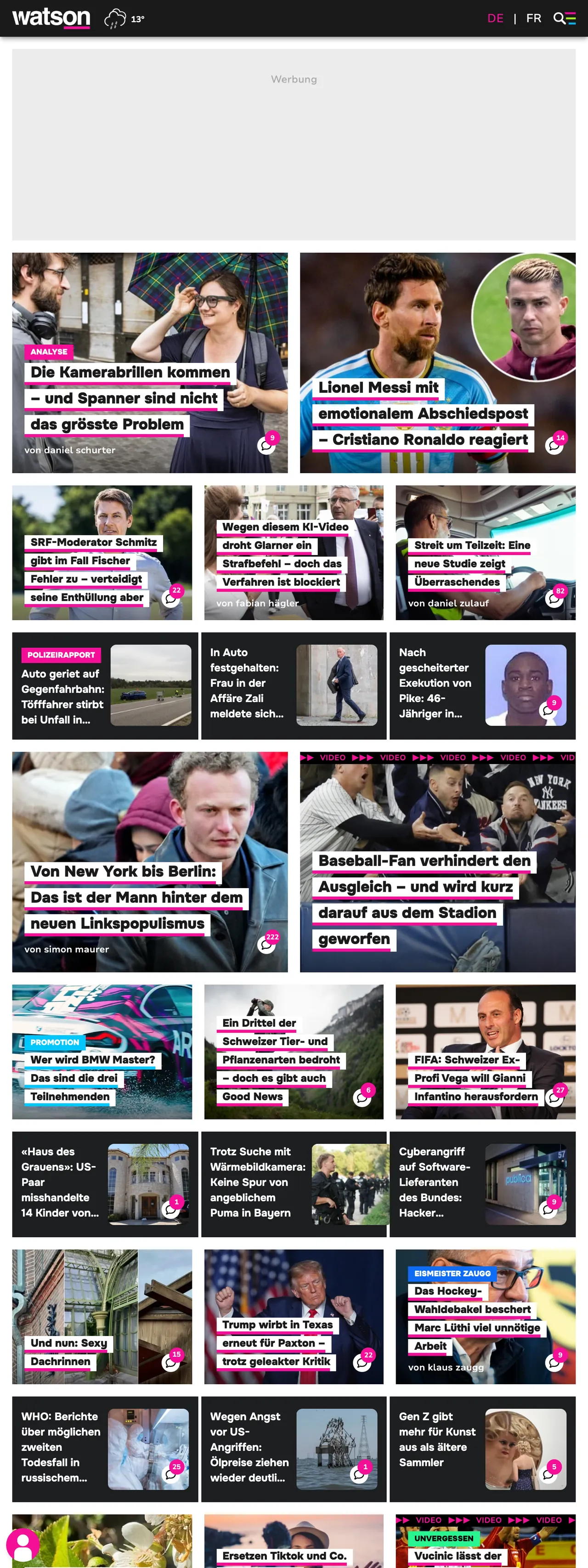 Screenshot of the watson front page