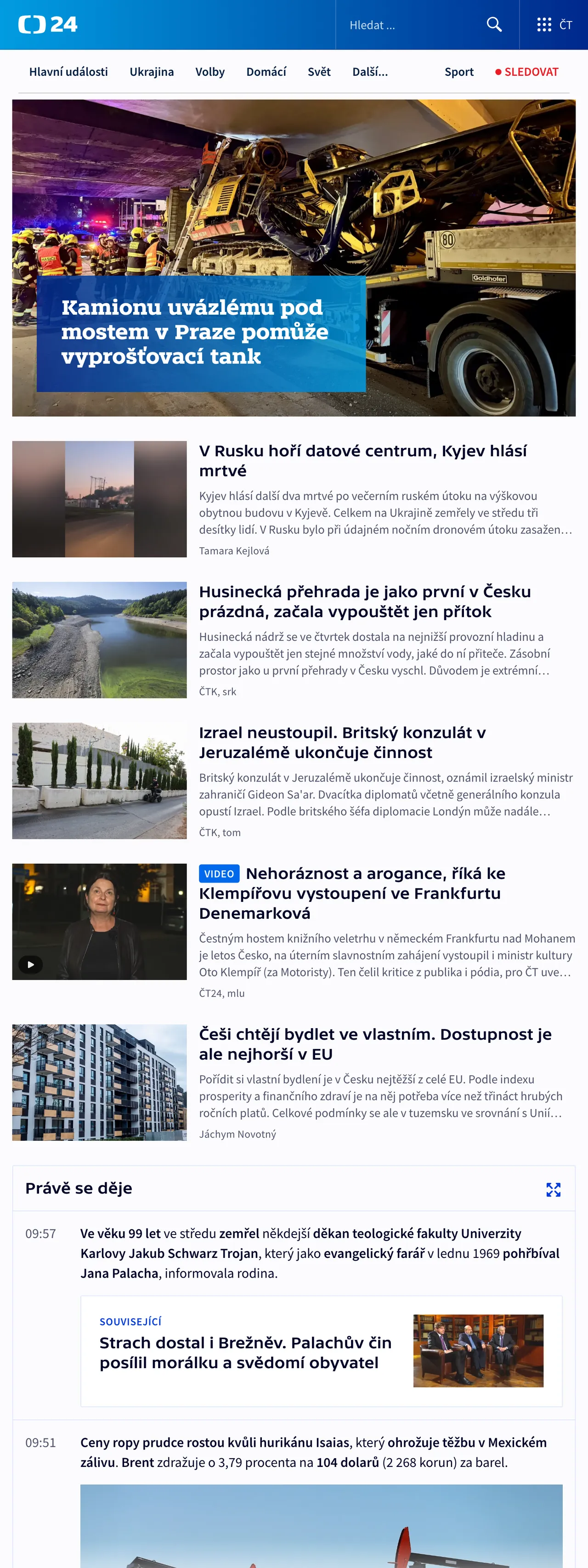Screenshot of the ČT24 front page