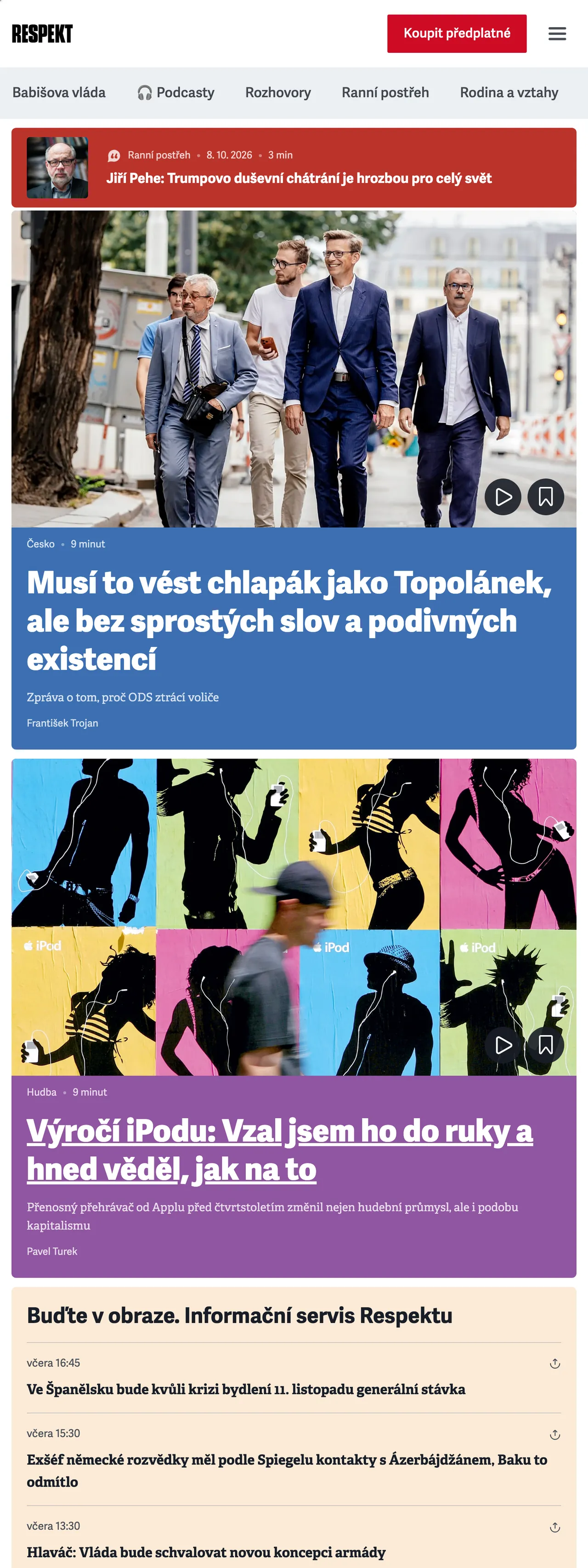 Screenshot of the Respekt front page