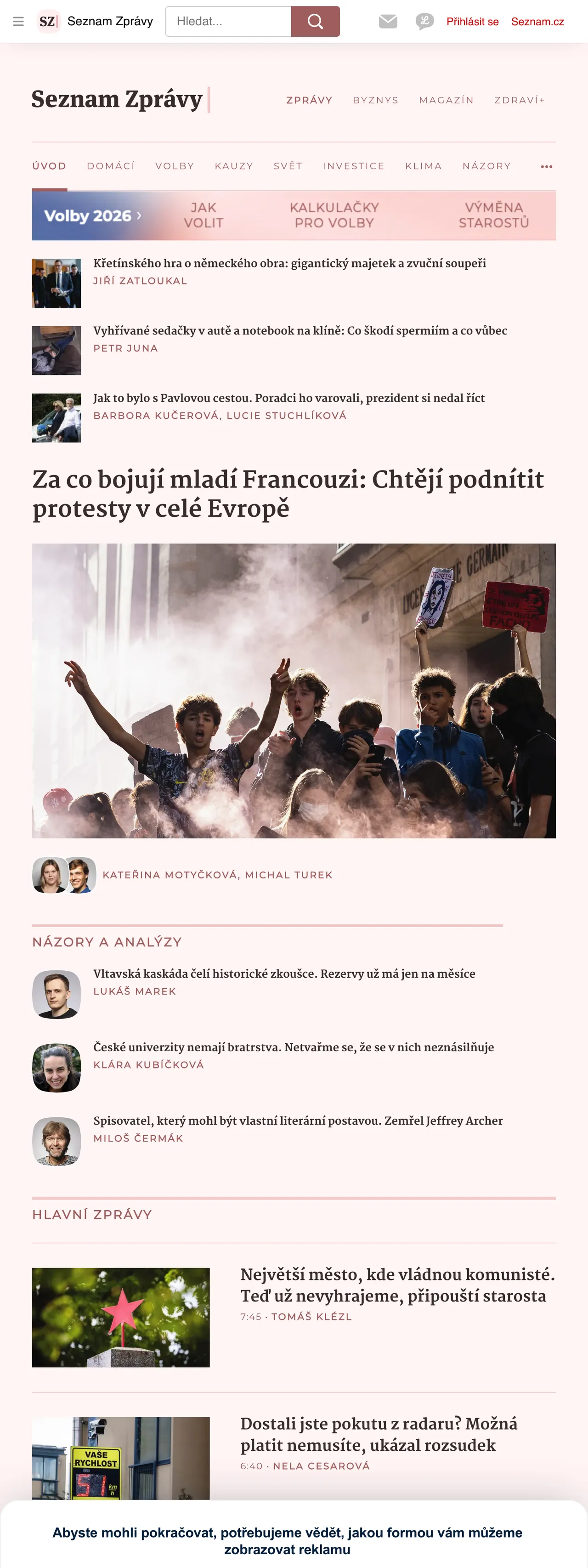 Screenshot of the Seznam Zprávy front page