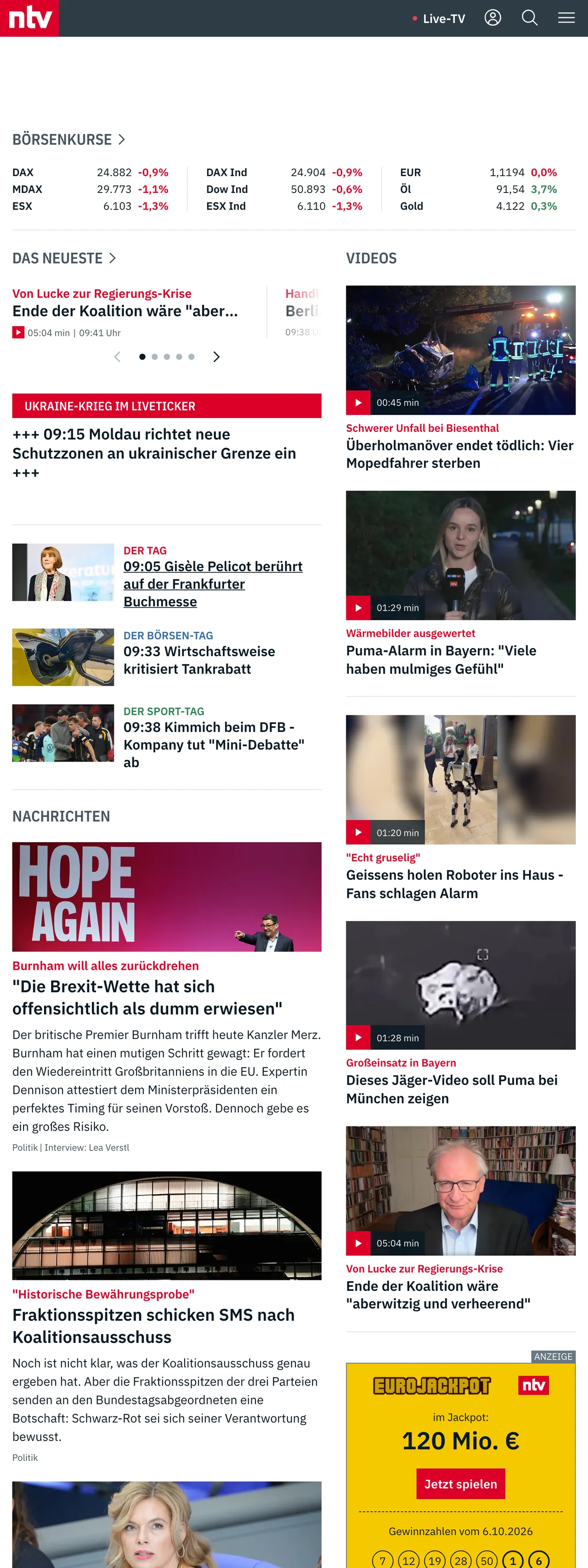 Screenshot of the n-tv front page