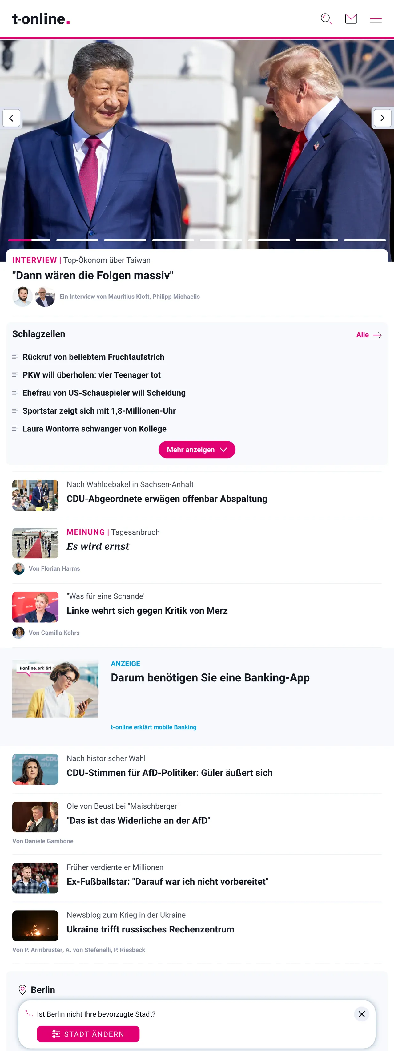 Screenshot of the t-online front page