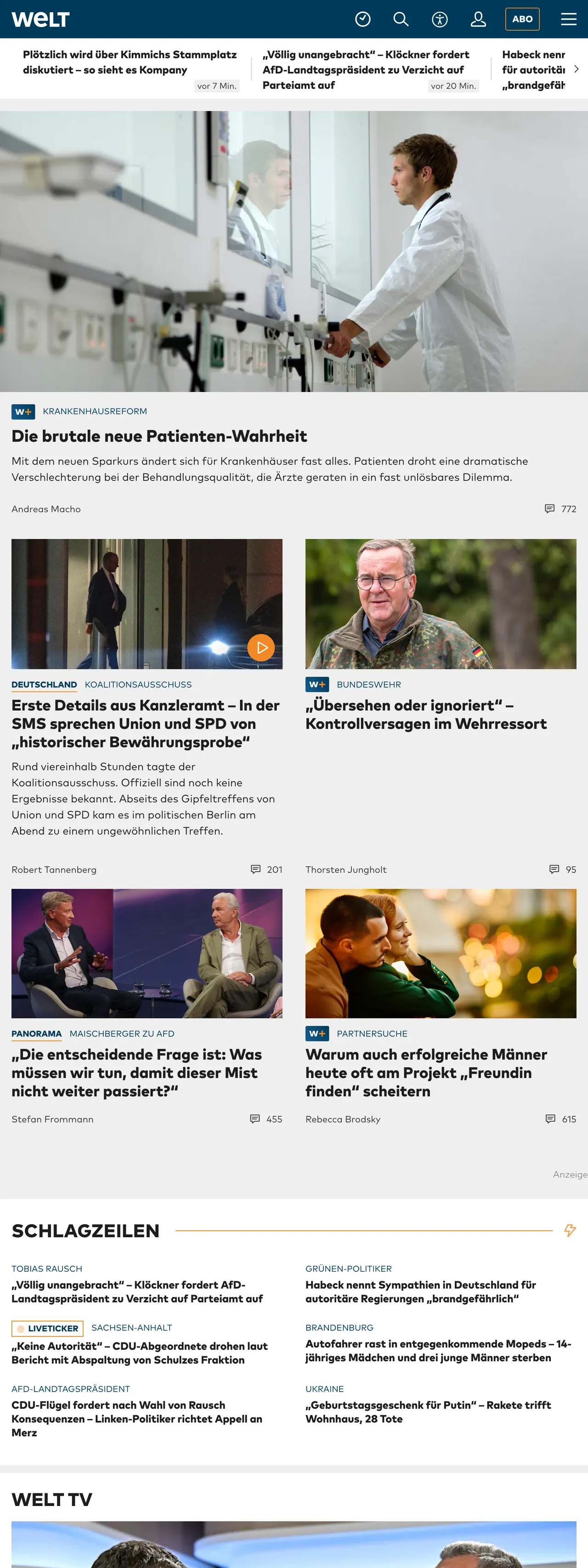 Screenshot of the WELT front page