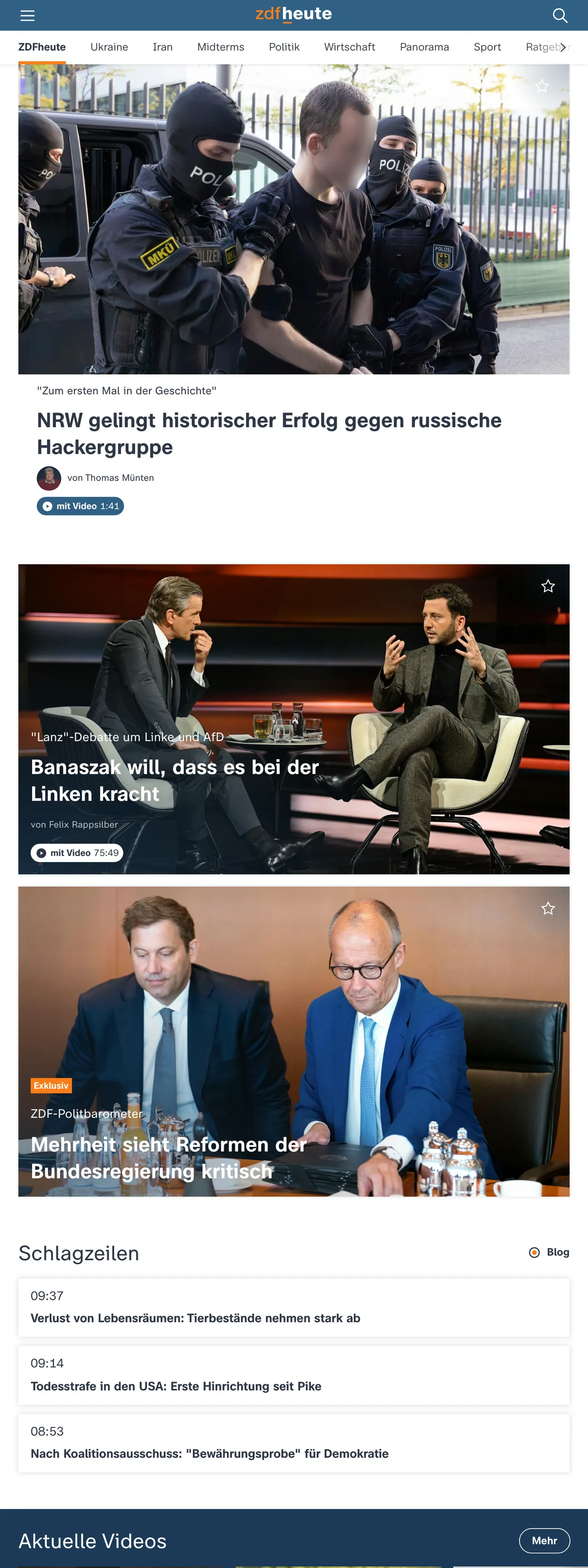 Screenshot of the ZDFheute front page