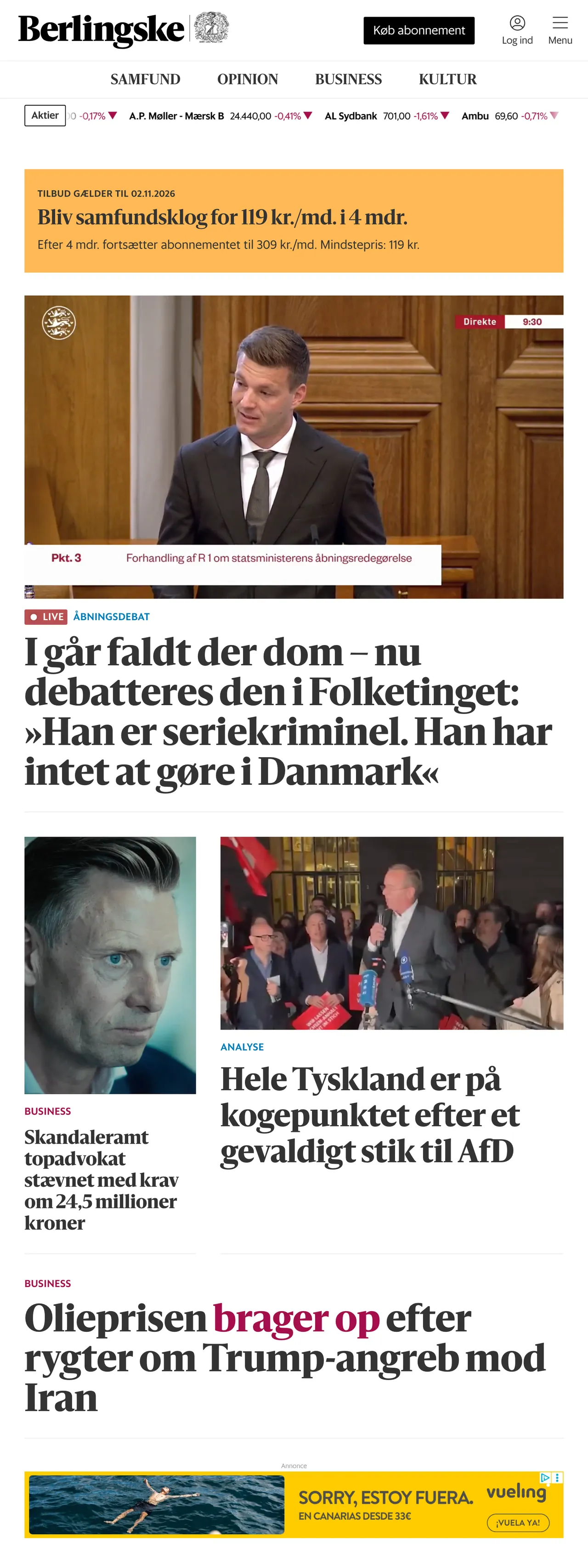 Screenshot of the Berlingske front page