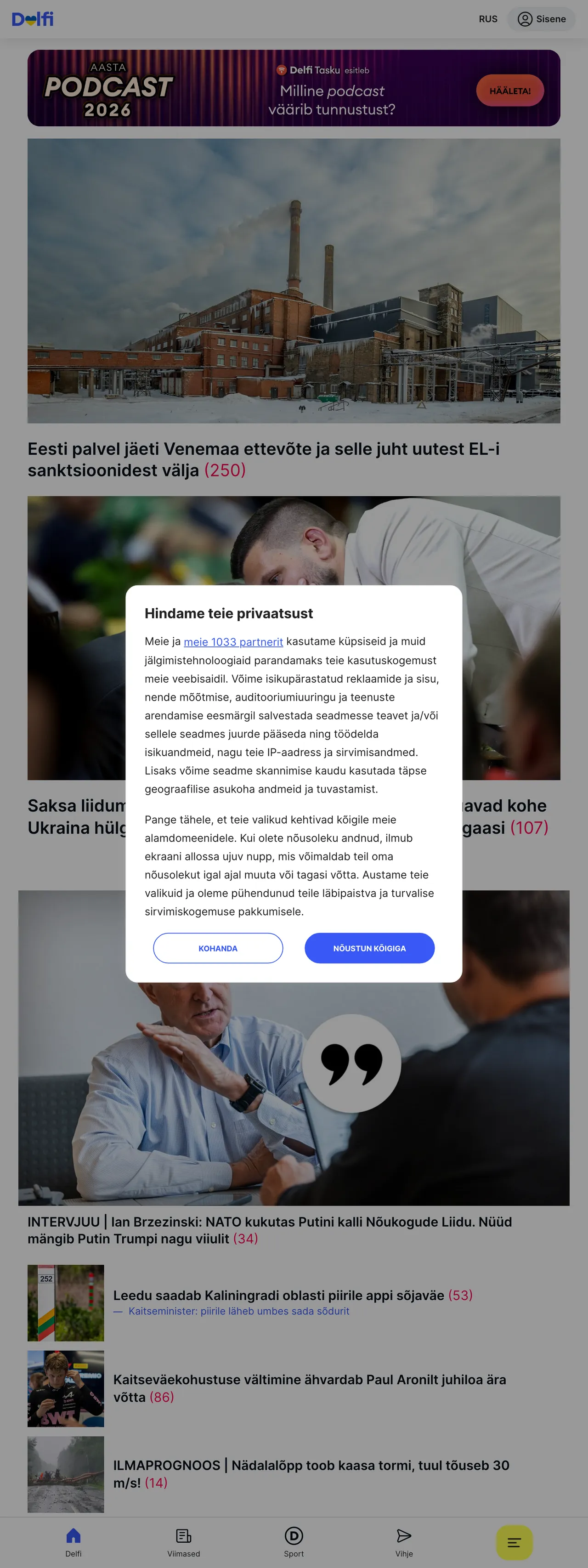 Screenshot of the Delfi front page