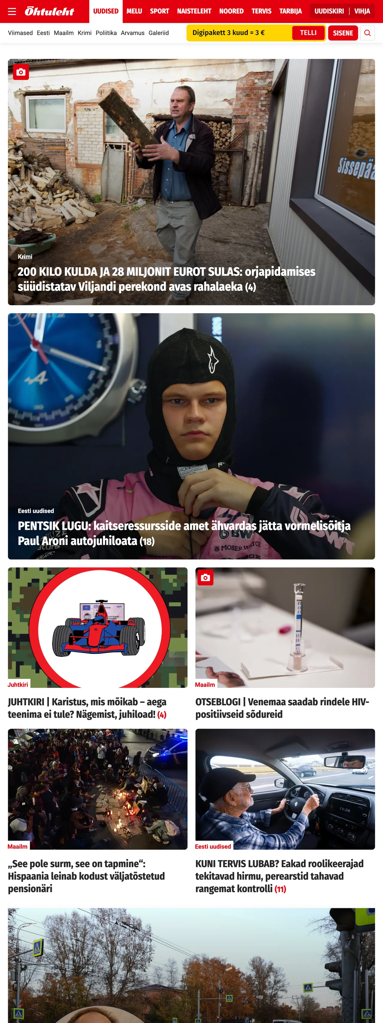 Screenshot of the Õhtuleht front page