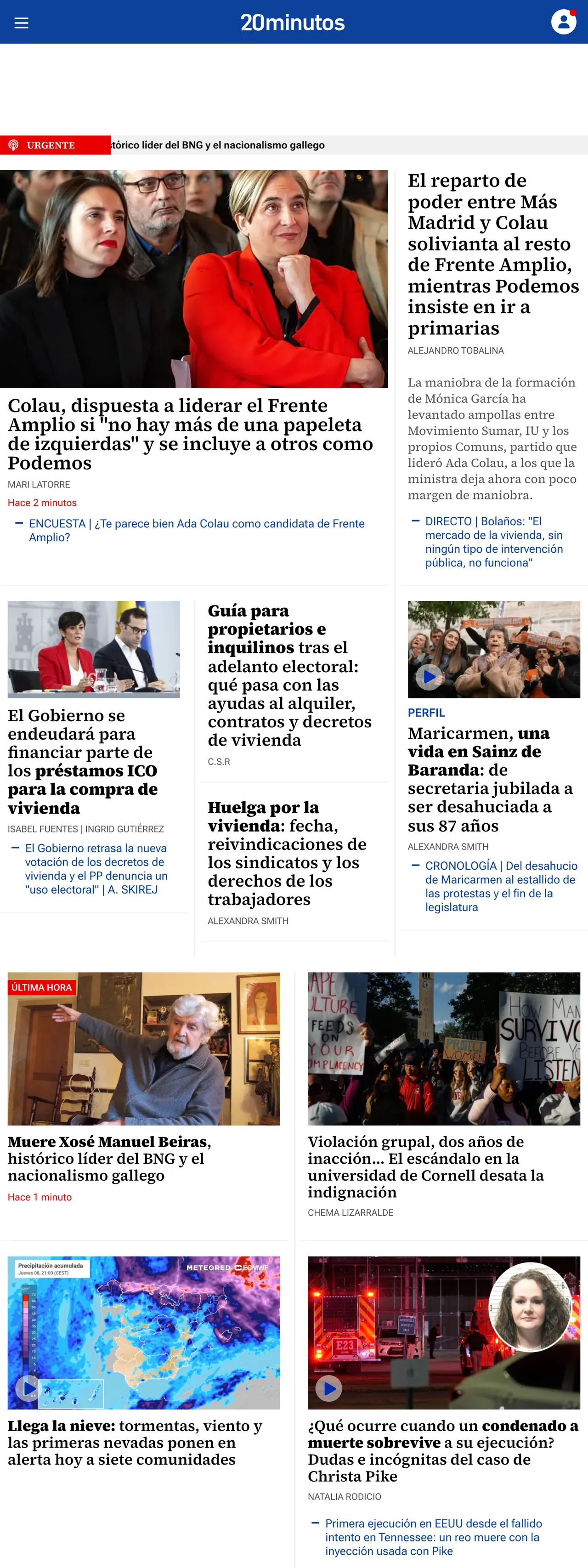 Screenshot of the 20minutos front page
