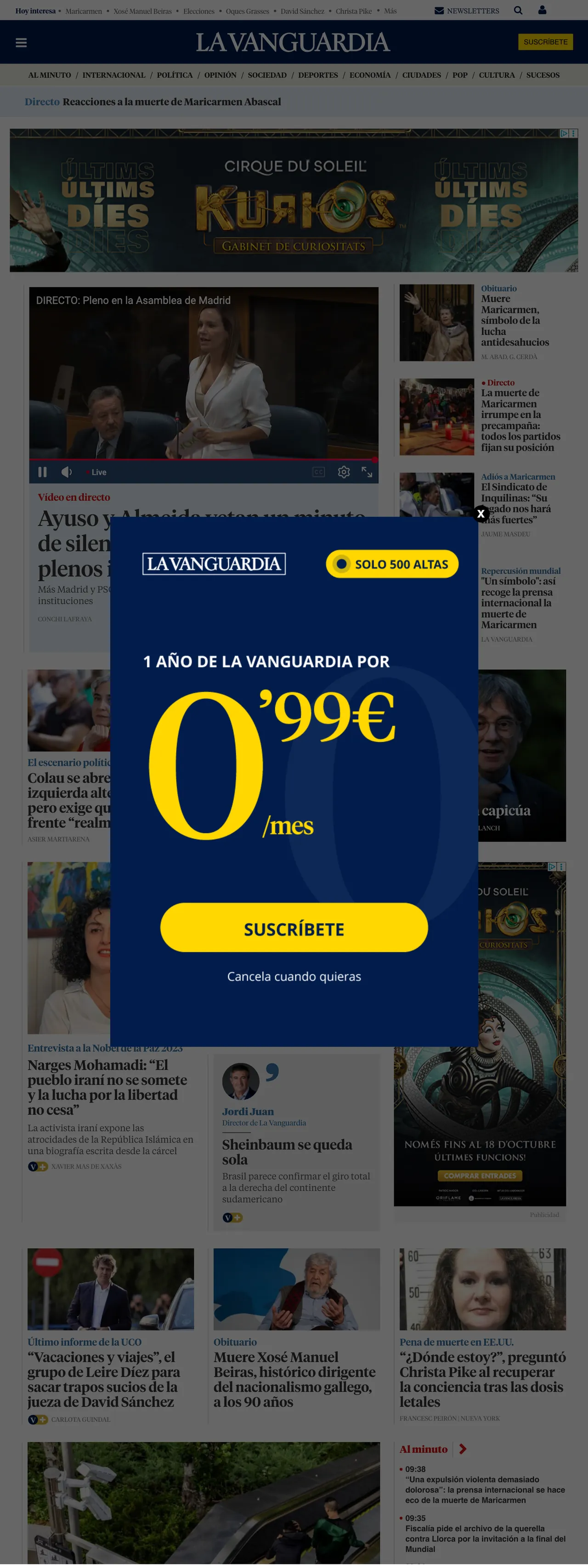 Screenshot of the La Vanguardia front page