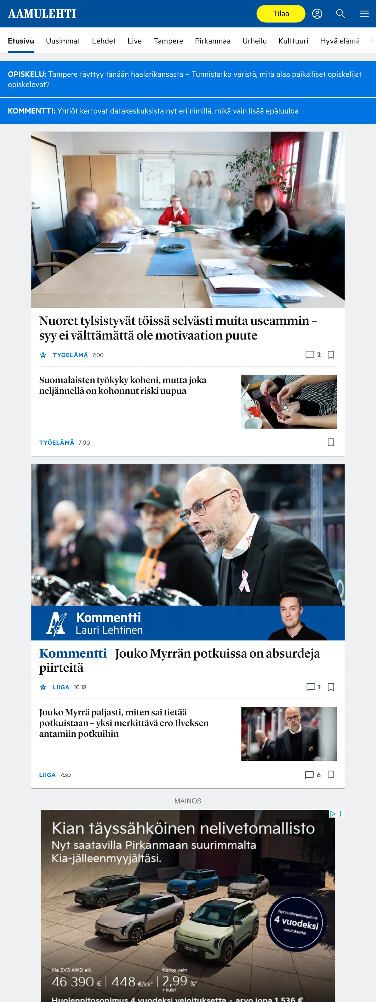 Screenshot of the Aamulehti front page