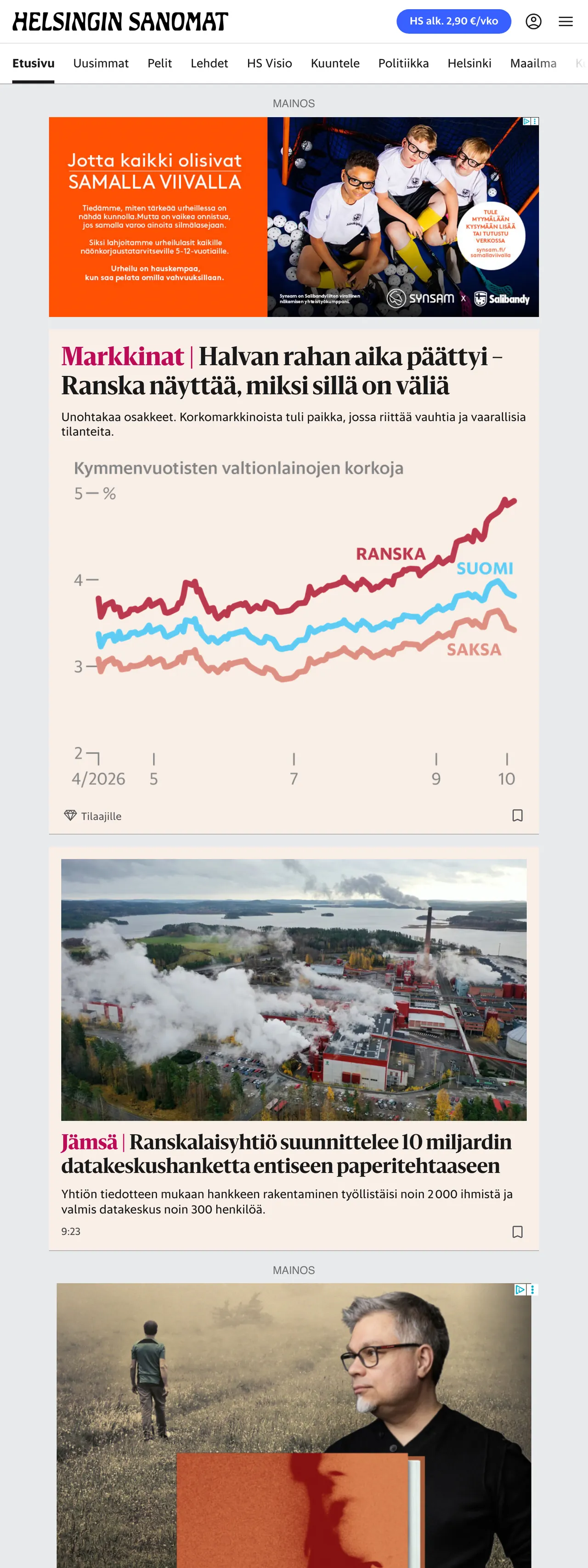 Screenshot of the Helsingin Sanomat front page