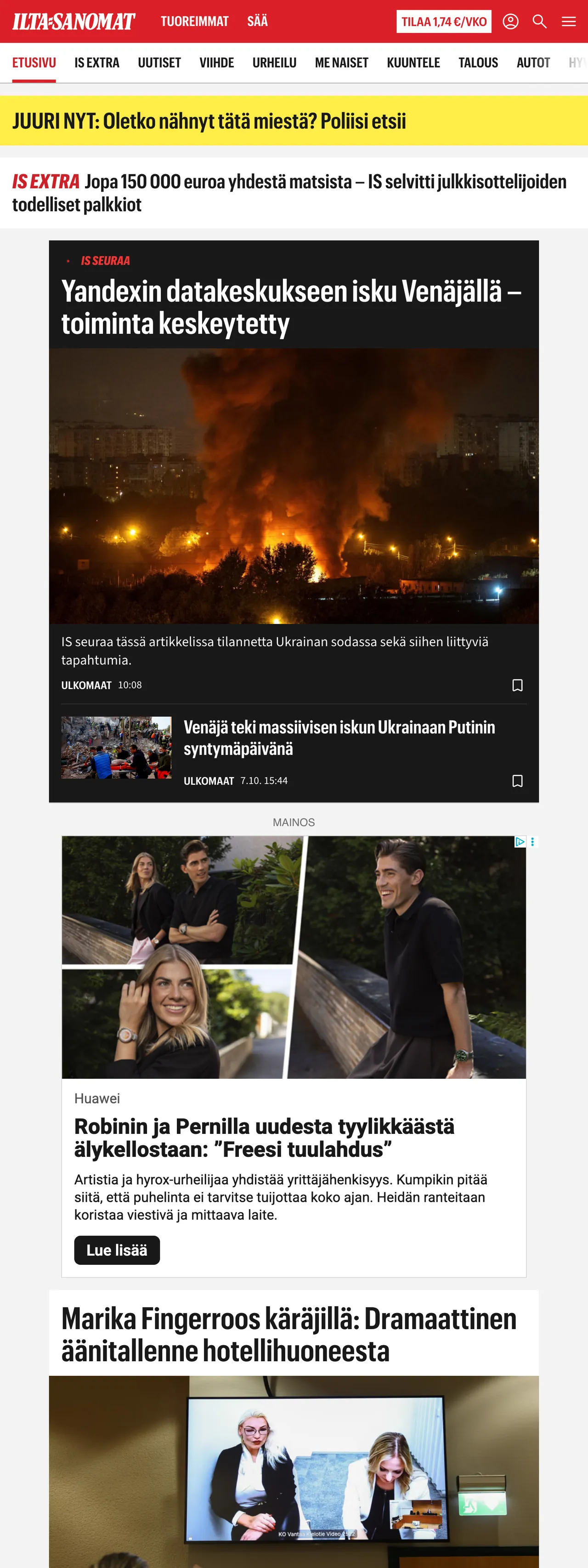 Screenshot of the Ilta-Sanomat front page