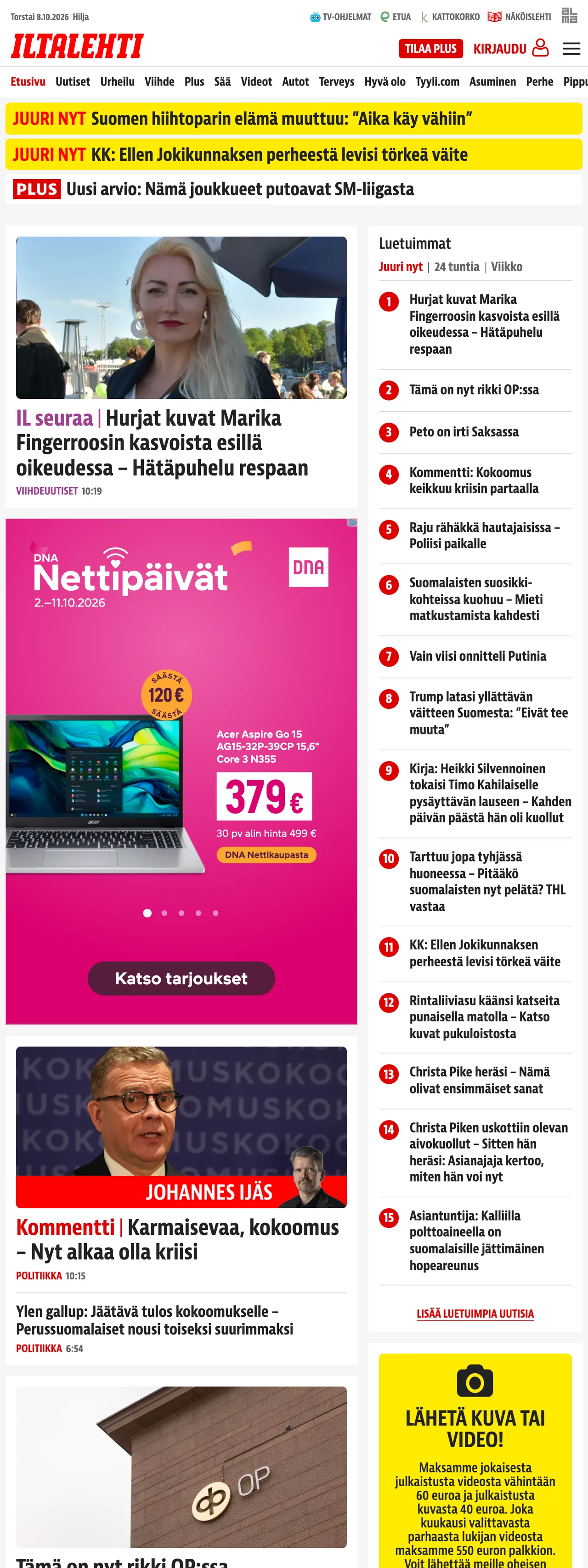 Screenshot of the Iltalehti front page