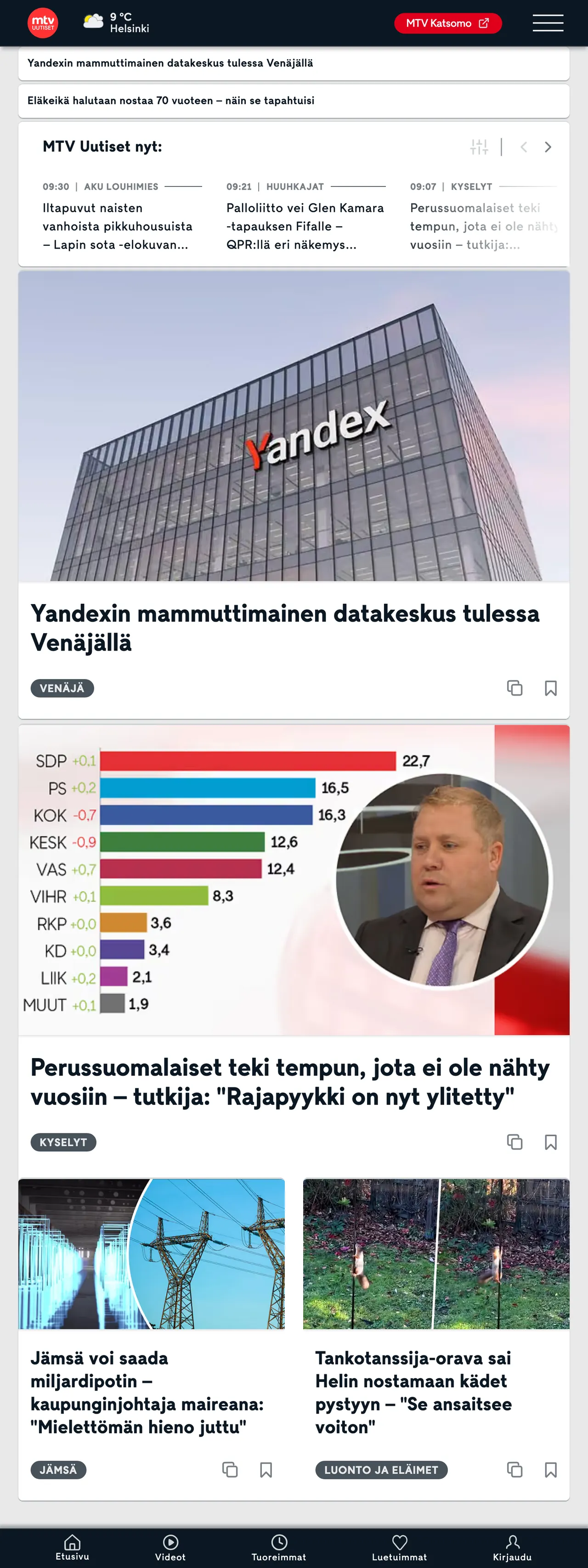 Screenshot of the MTV Uutiset front page