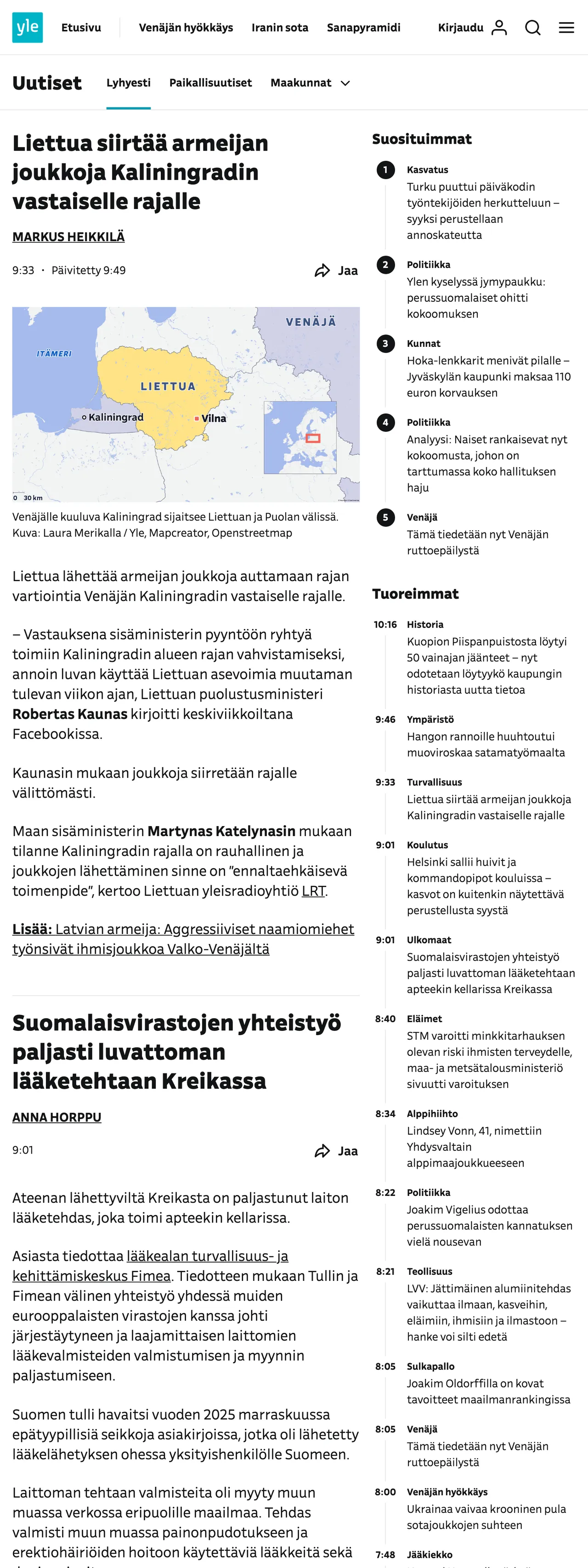 Screenshot of the Yle front page