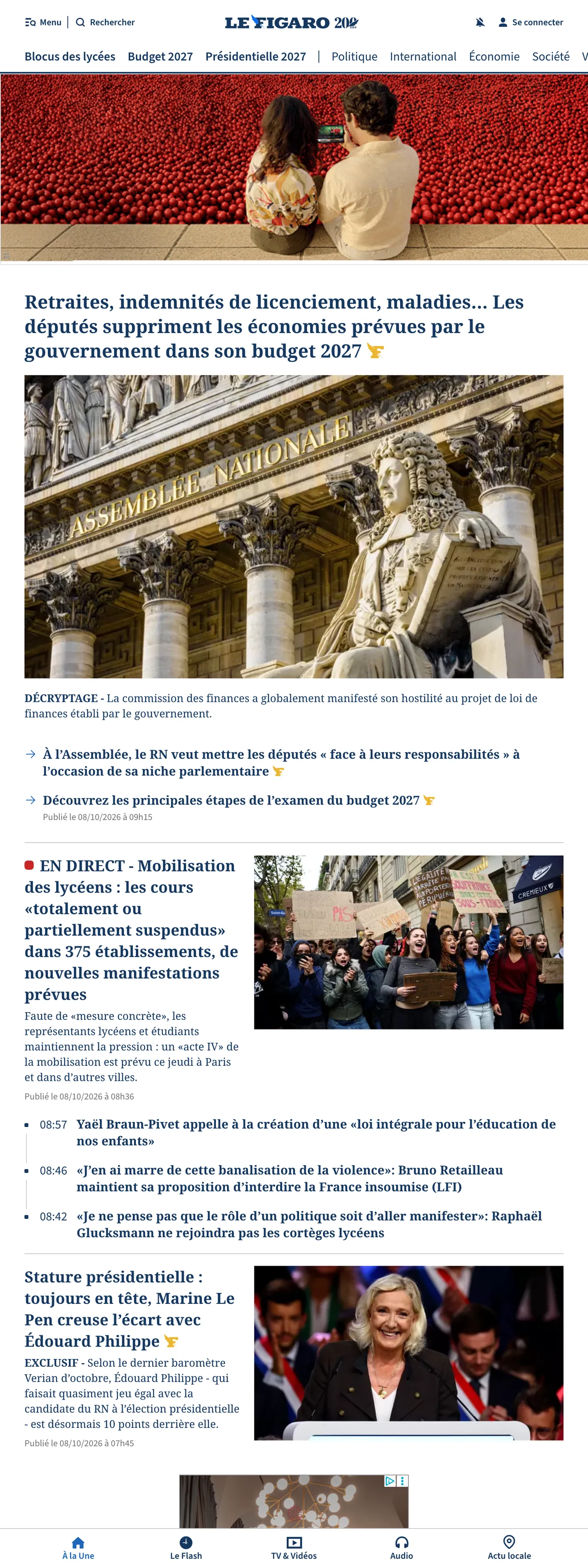 Screenshot of the Le Figaro front page
