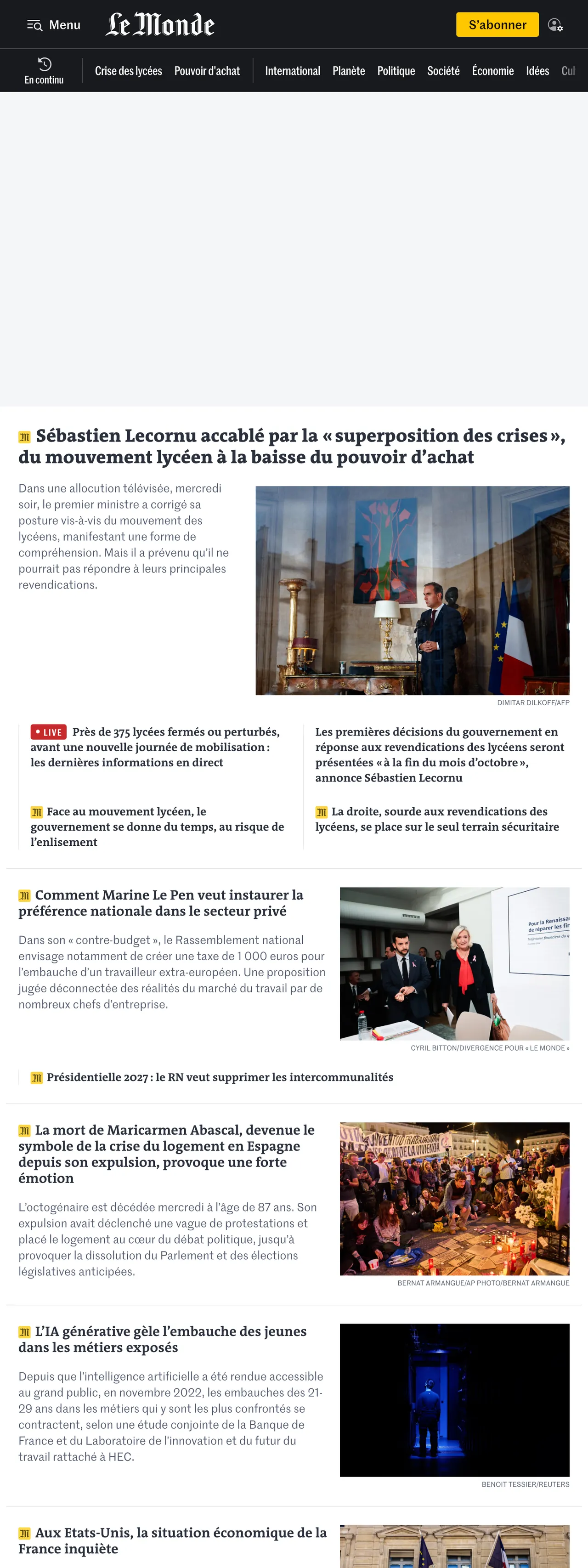 Screenshot of the Le Monde front page