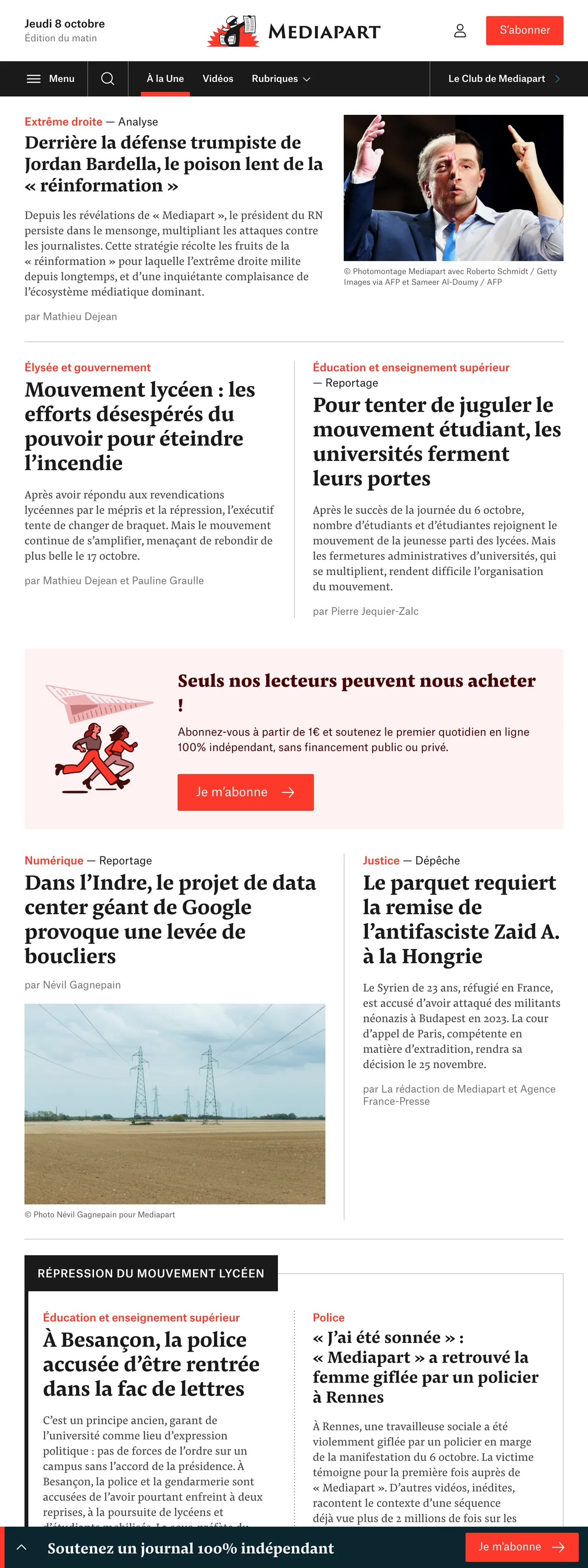 Screenshot of the Mediapart front page